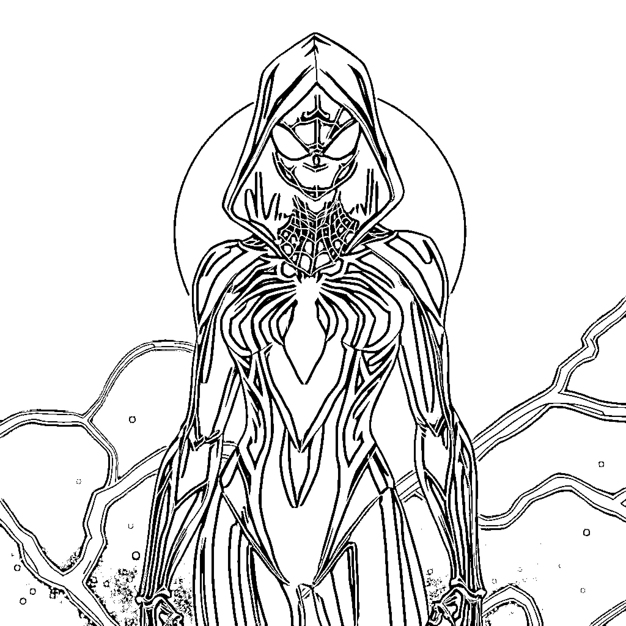 Gwen Stacy in a mystical, ornate costume Coloring Page (free black-and-white line drawing printable PDF for all, from beginners to advanced learners, including children, teens, adults, and seniors)