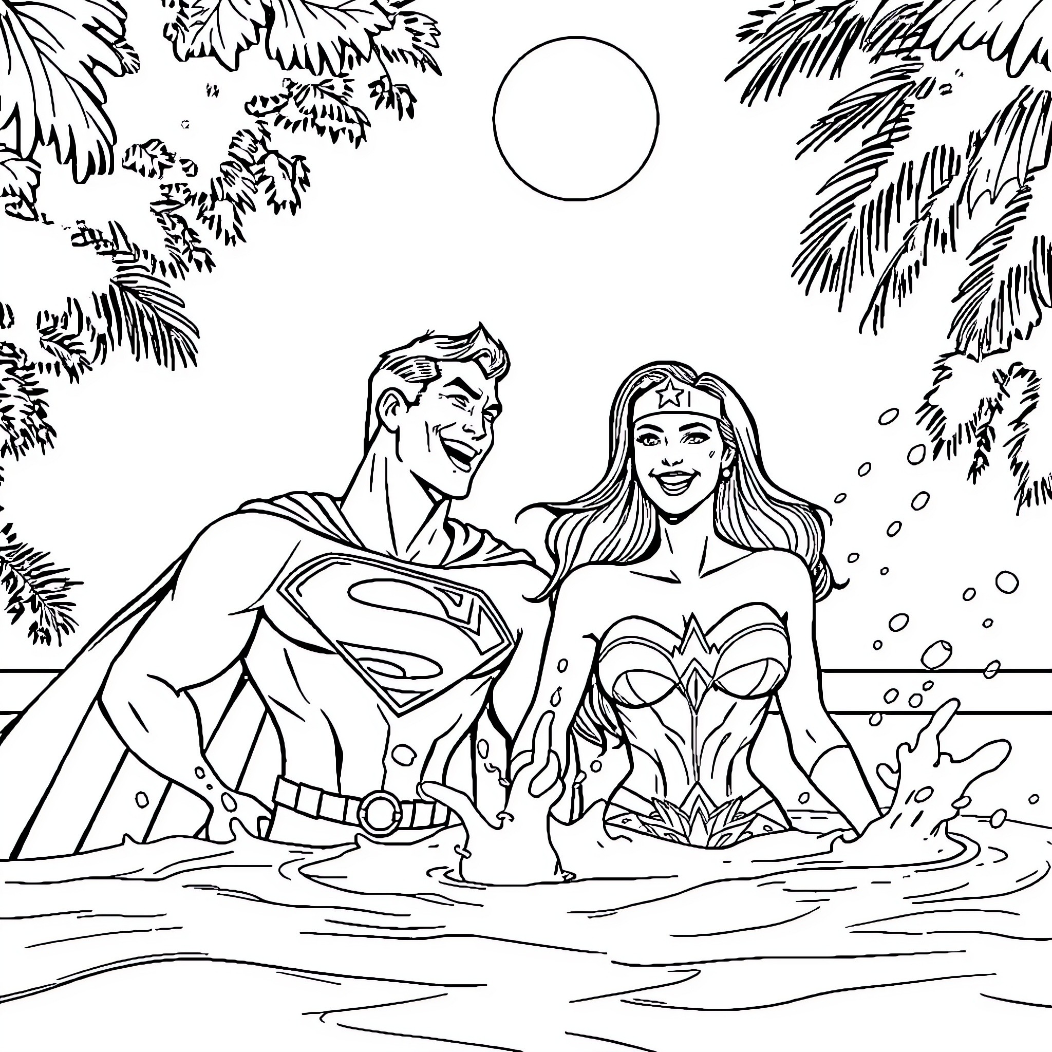 Superman and Wonder Woman enjoying a tropical beach day Coloring Page (free black-and-white line drawing printable PDF for all, from beginners to advanced learners, including children, teens, adults, and seniors)