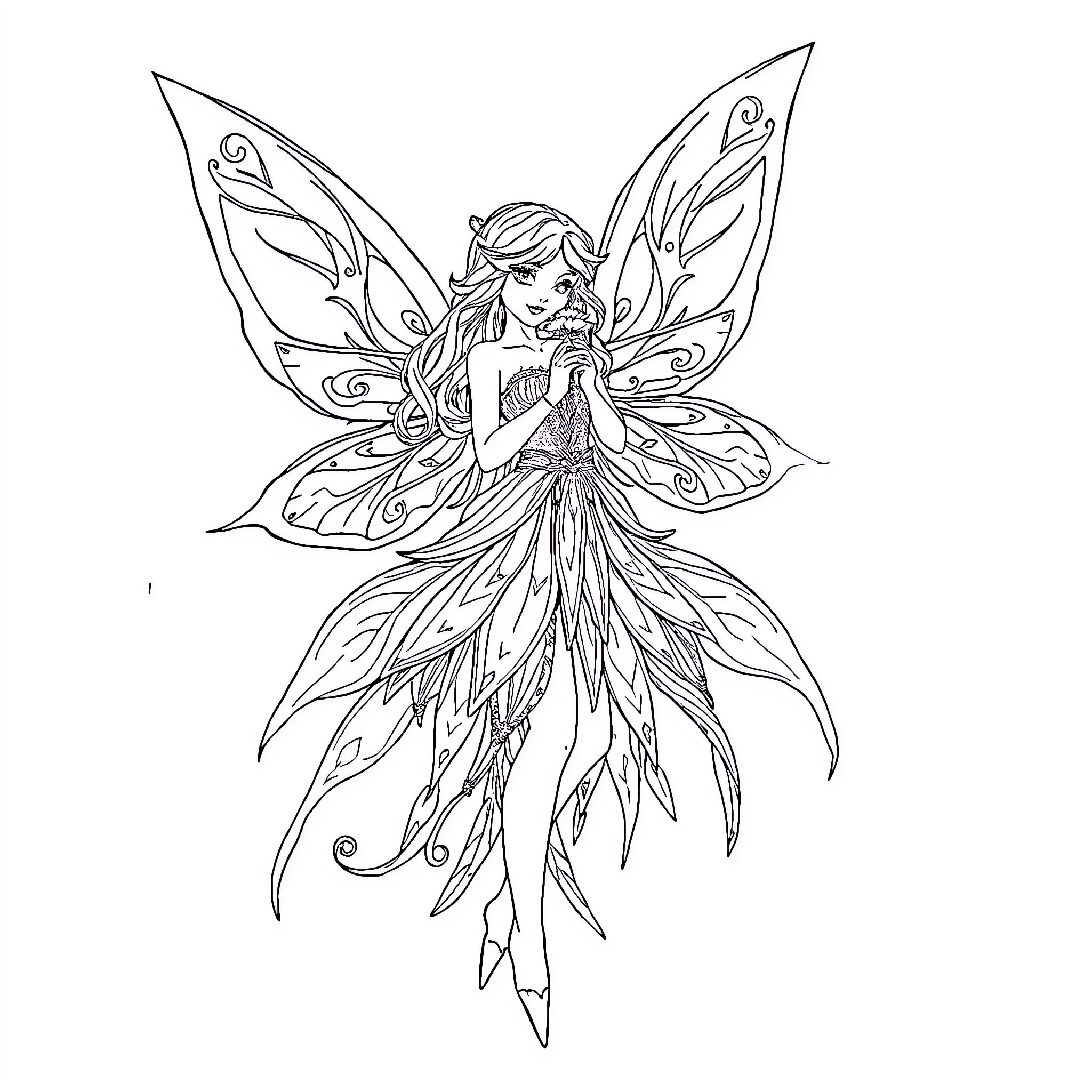 Fairy with Intricate Winged Dress and Enchanting Pose Coloring Page (free black-and-white line drawing printable PDF for all, from beginners to advanced learners, including children, teens, adults, and seniors)