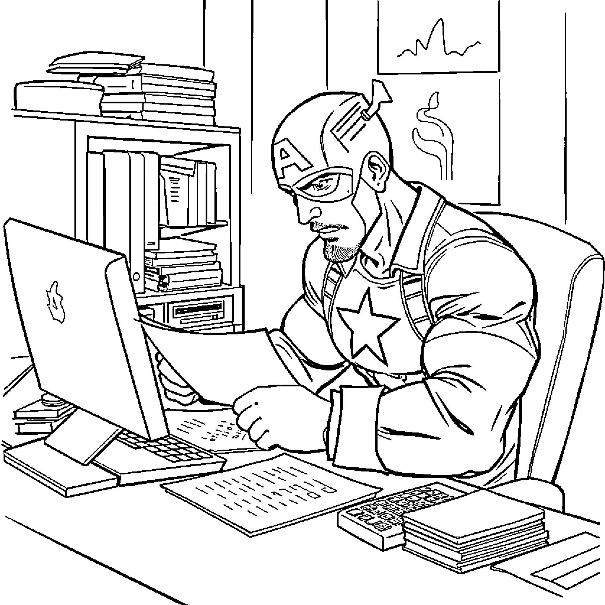 Captain America working diligently on computer Coloring Page (free black-and-white line drawing printable PDF for all, from beginners to advanced learners, including children, teens, adults, and seniors)