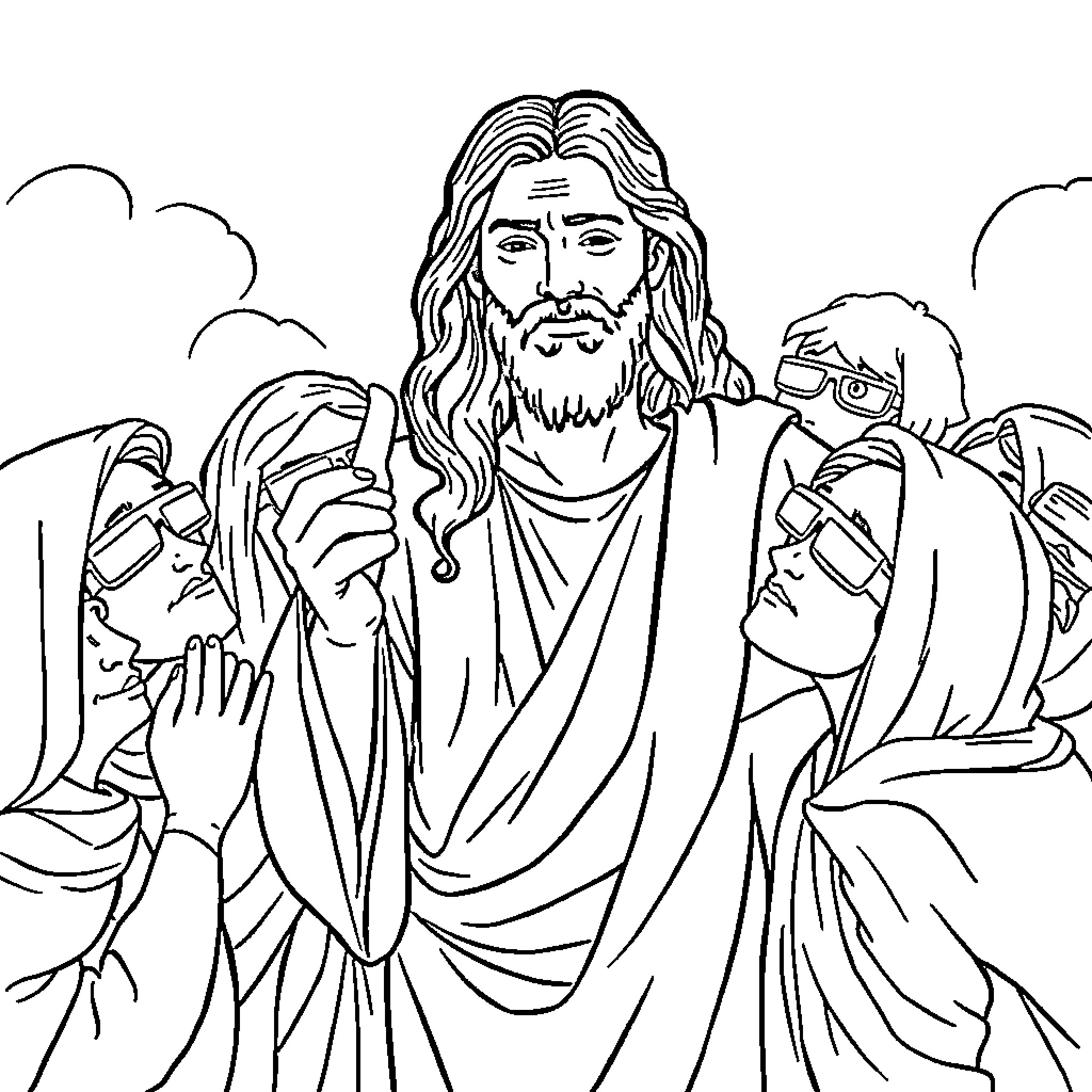 Jesus Teaching the Disciples with Compassion Coloring Page (free black-and-white line drawing printable PDF for all, from beginners to advanced learners, including children, teens, adults, and seniors)