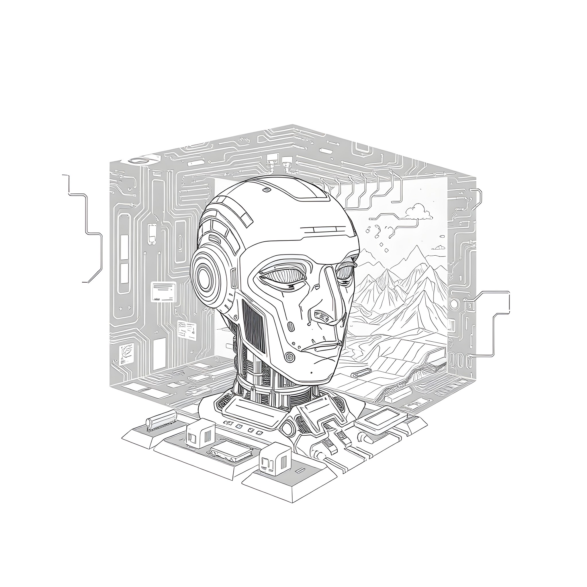 AI Robotic Head in Futuristic Landscape Coloring Page (free black-and-white line drawing printable PDF for all, from beginners to advanced learners, including children, teens, adults, and seniors)