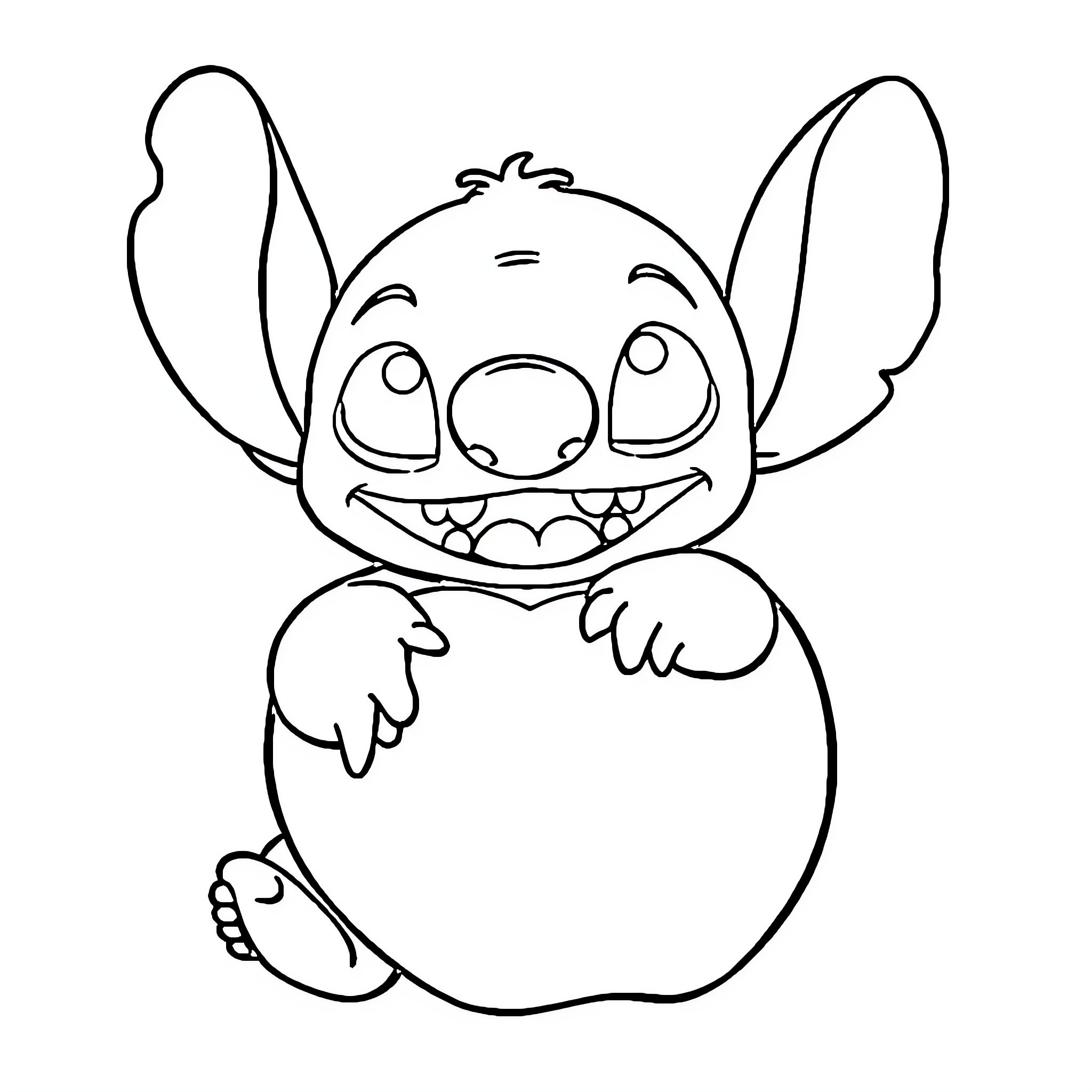 Stitch joyfully embracing a round object Coloring Page (free black-and-white line drawing printable PDF for all, from beginners to advanced learners, including children, teens, adults, and seniors)