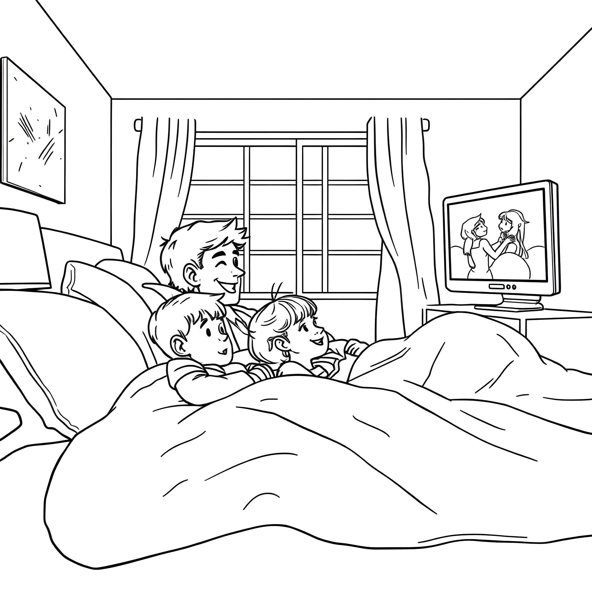 Family Watching Television Together on Cozy Night Coloring Page (free black-and-white line drawing printable PDF for all, from beginners to advanced learners, including children, teens, adults, and seniors)