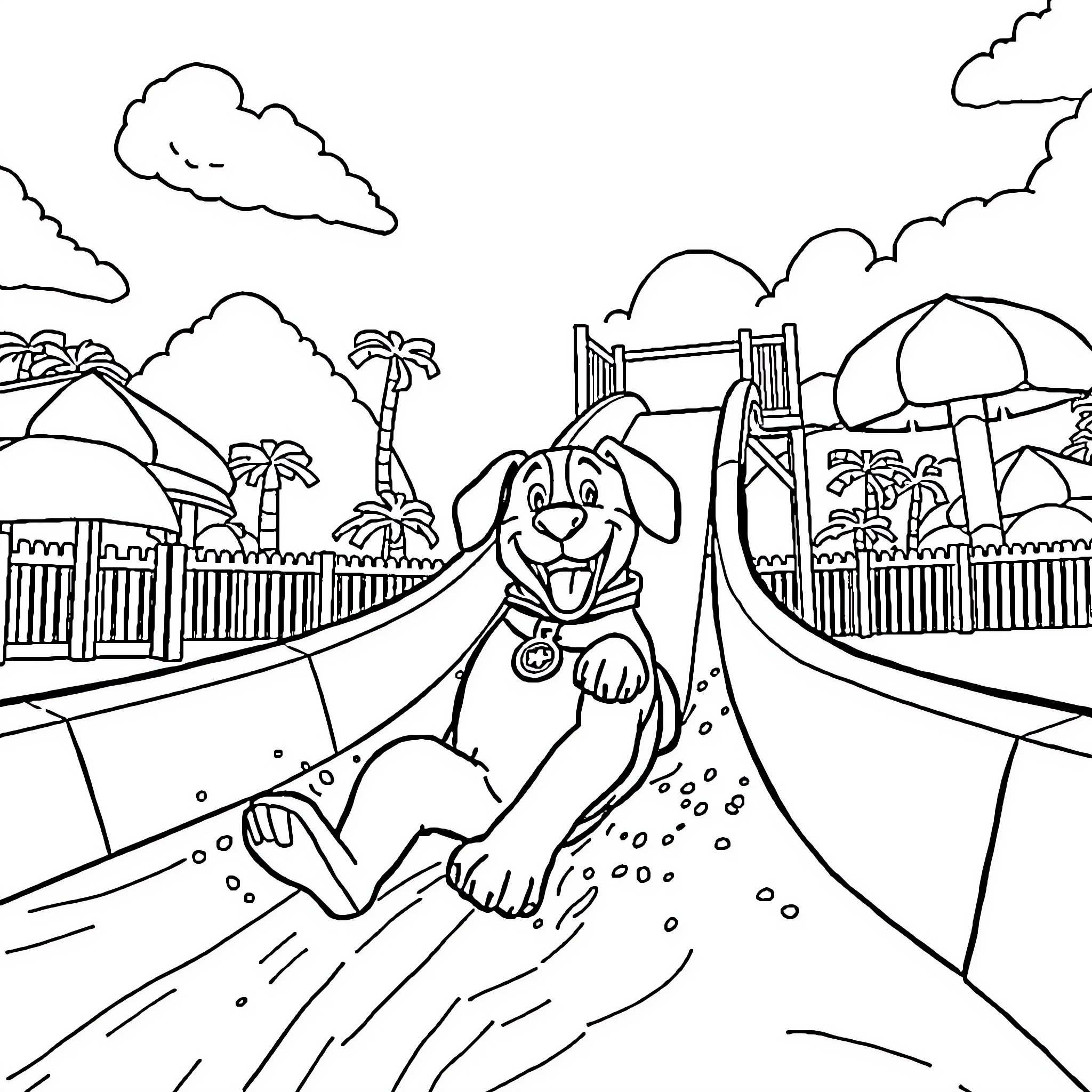 Dog Man explores the fun park adventure Coloring Page (free black-and-white line drawing printable PDF for all, from beginners to advanced learners, including children, teens, adults, and seniors)