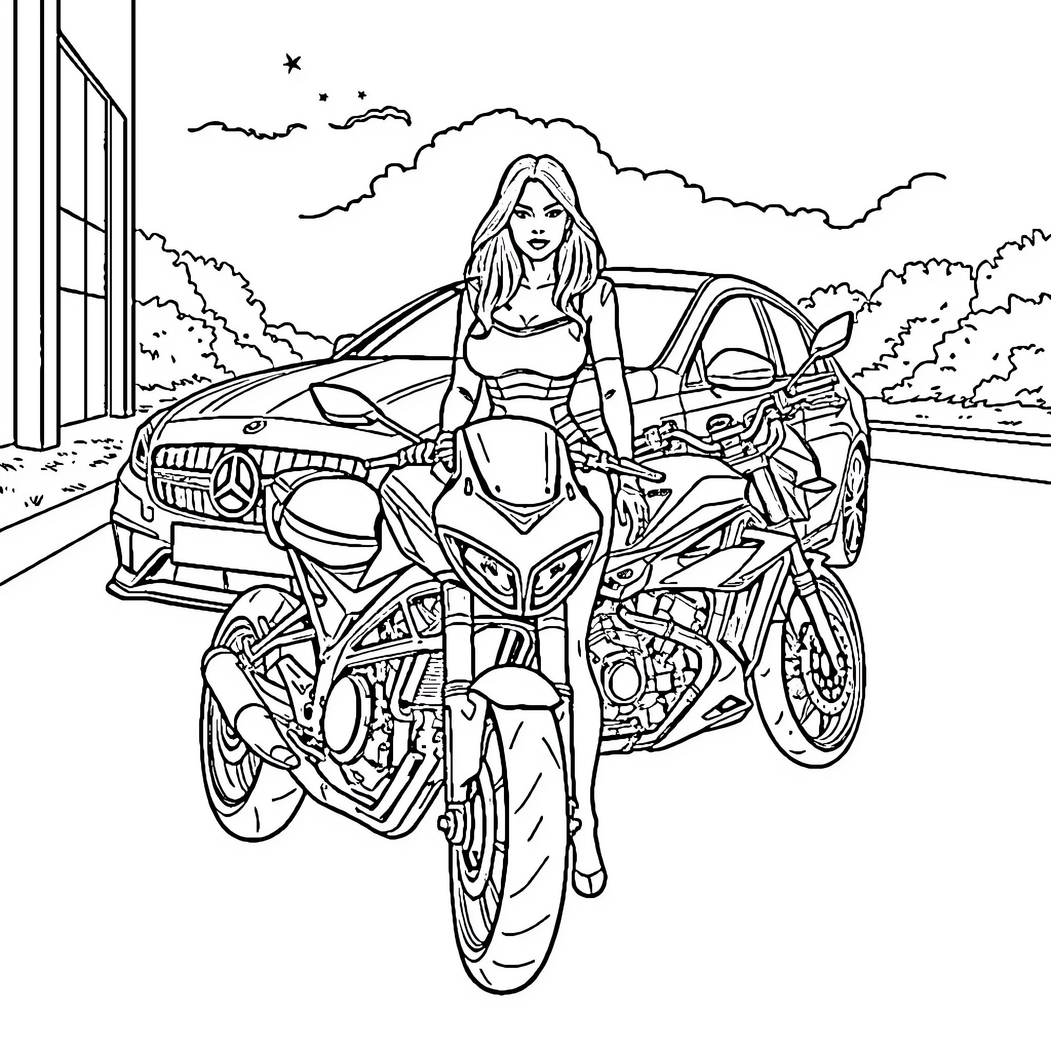 Woman posing with motorcycles in an outdoor scene Coloring Page (free black-and-white line drawing printable PDF for all, from beginners to advanced learners, including children, teens, adults, and seniors)
