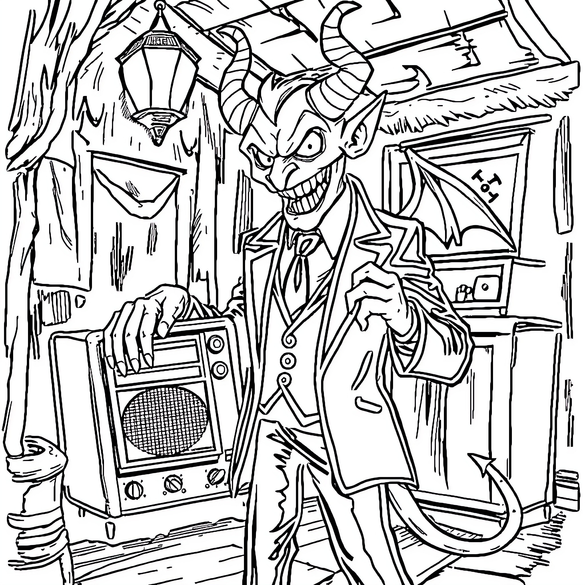 Alastor's Haunting Performance Coloring Page (free black-and-white line drawing printable PDF for all, from beginners to advanced learners, including children, teens, adults, and seniors)
