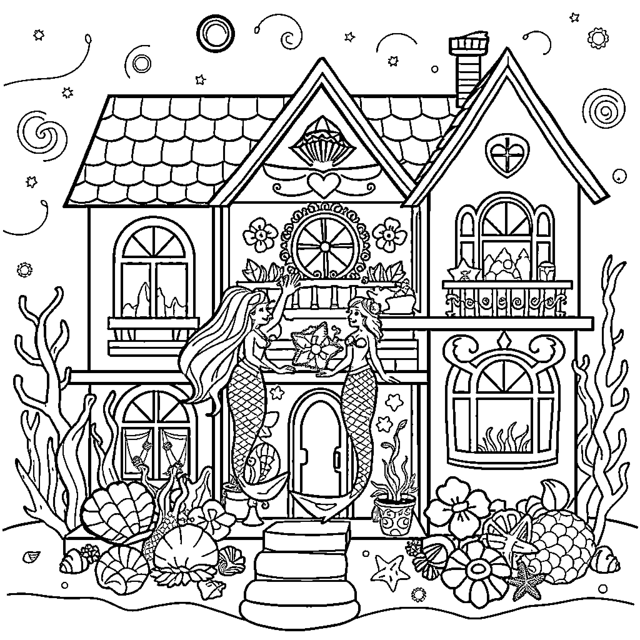 Dollhouse with Whimsical Details and Mermaid Coloring Page (free black-and-white line drawing printable PDF for all, from beginners to advanced learners, including children, teens, adults, and seniors)