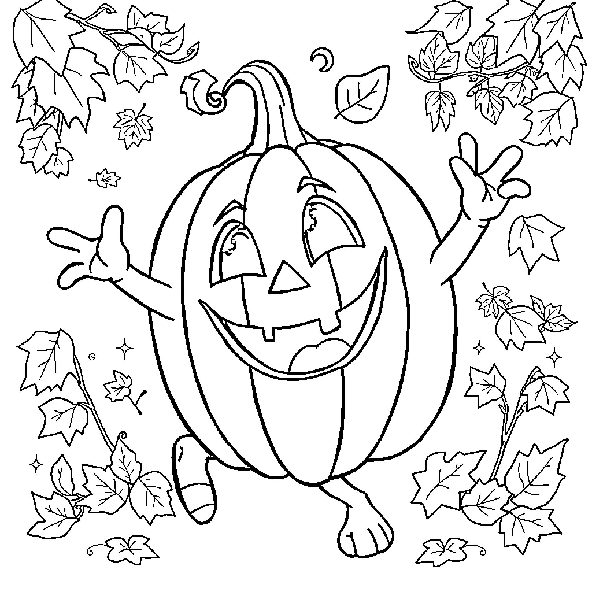 Pumpkin Decorating with Autumn Leaves Coloring Page (free black-and-white line drawing printable PDF for all, from beginners to advanced learners, including children, teens, adults, and seniors)