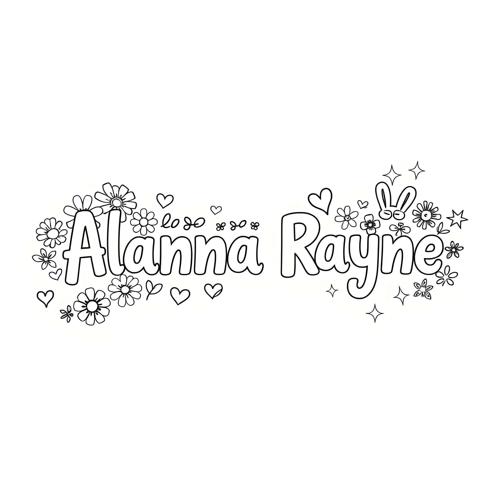 Font Doodle with Flowers and Hearts Coloring Page (free black-and-white line drawing printable PDF for all, from beginners to advanced learners, including children, teens, adults, and seniors)