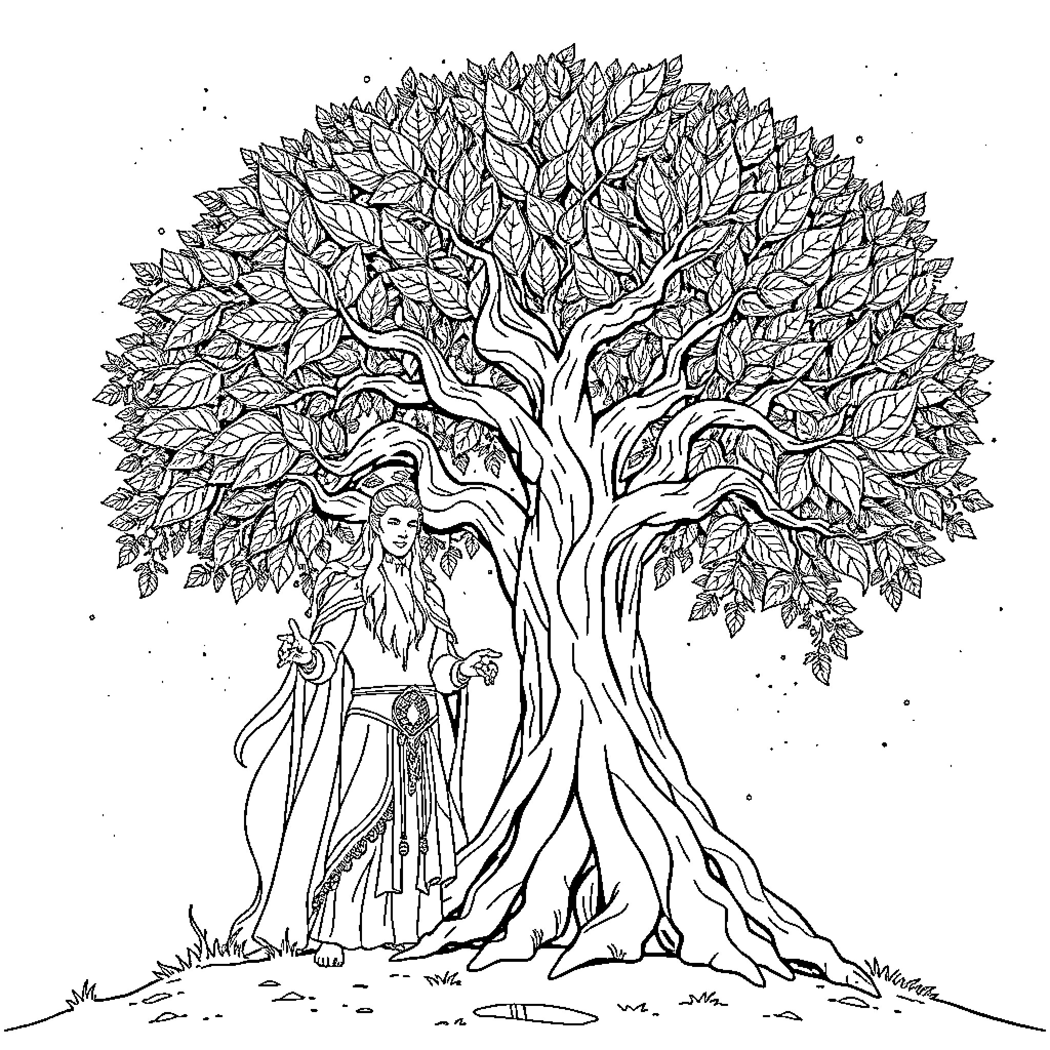 Loki stands beneath the ancient tree in contemplation Coloring Page (free black-and-white line drawing printable PDF for all, from beginners to advanced learners, including children, teens, adults, and seniors)