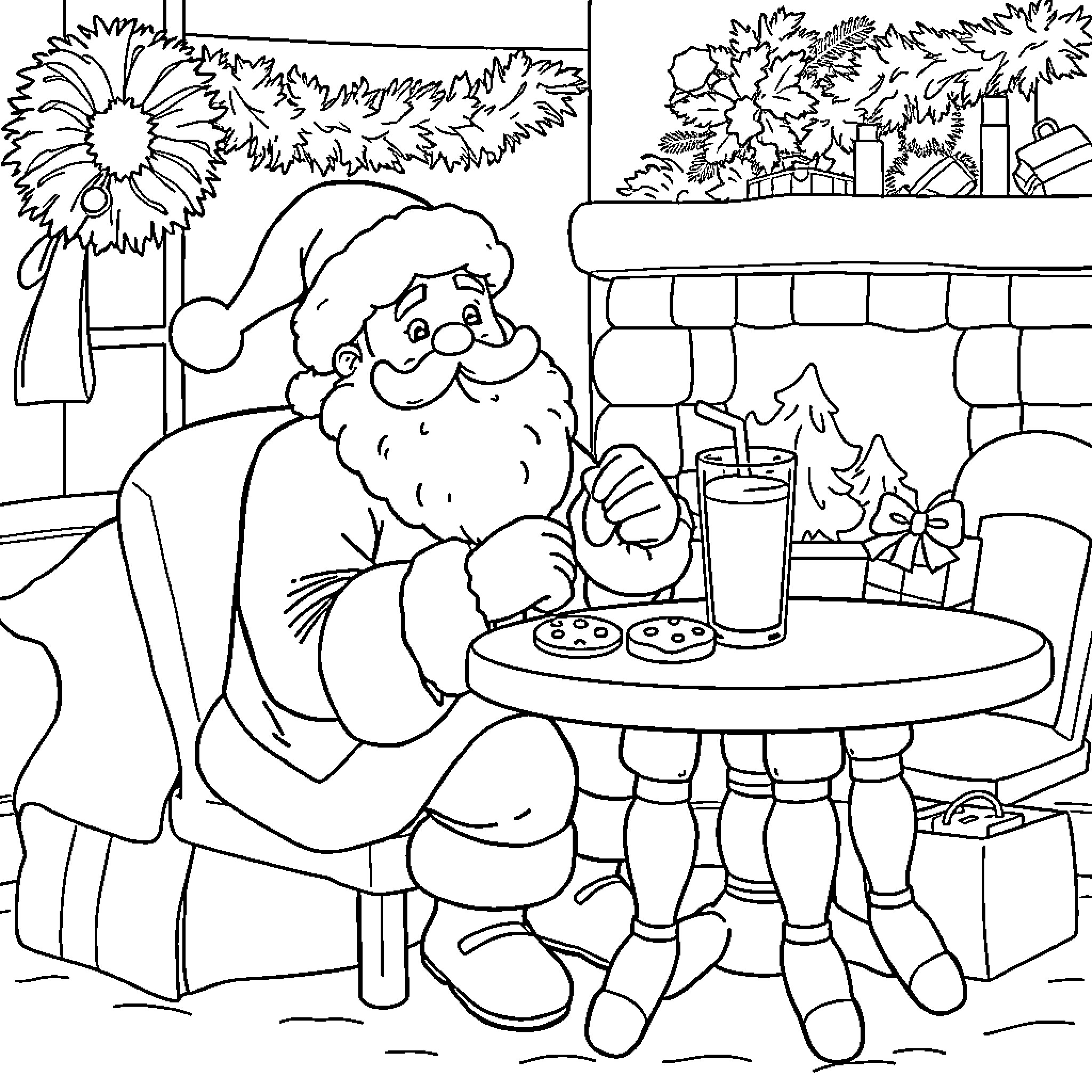 Santa having a snack by the fireplace Coloring Page (free black-and-white line drawing printable PDF for all, from beginners to advanced learners, including children, teens, adults, and seniors)