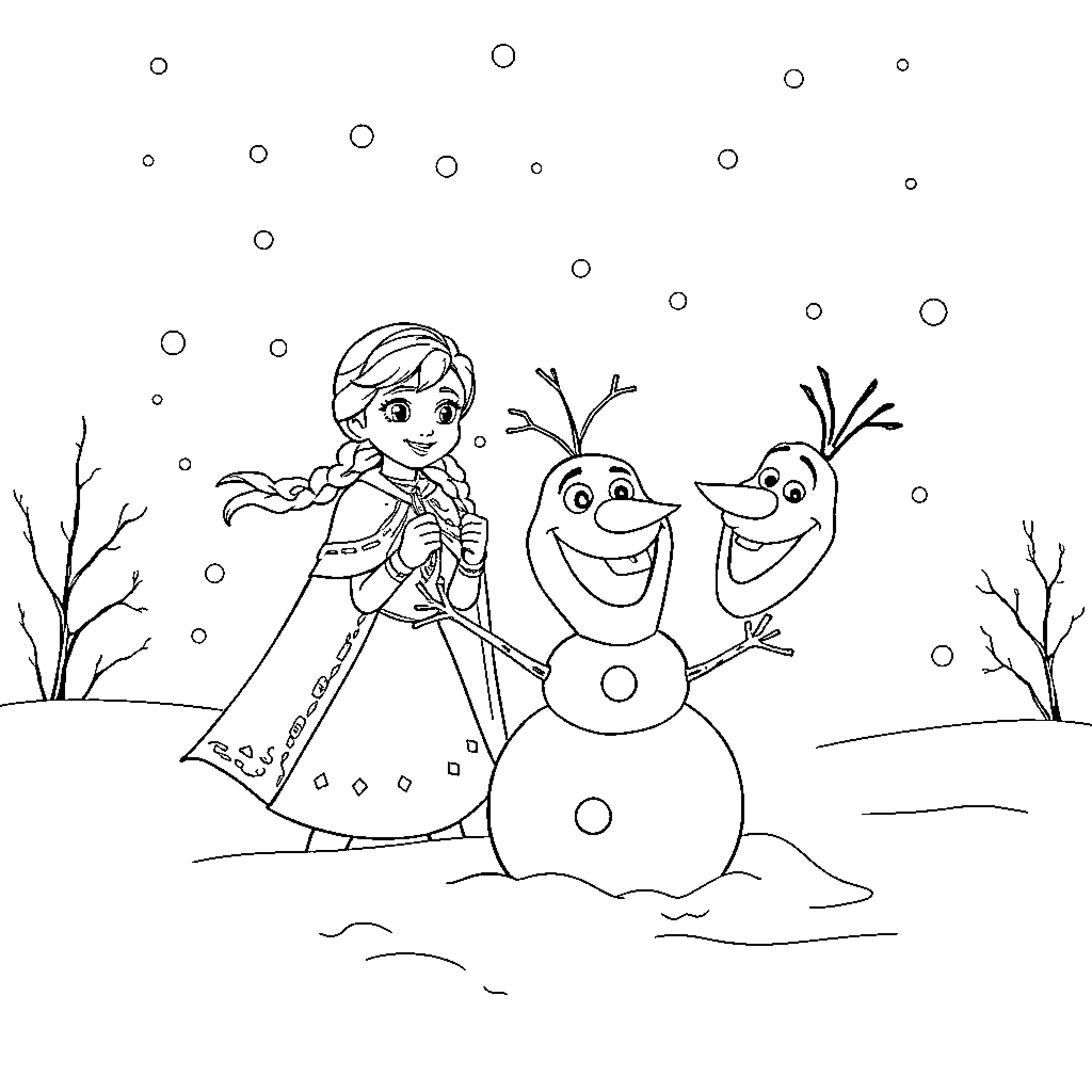 Frozen characters playing in the snowy landscape Coloring Page (free black-and-white line drawing printable PDF for all, from beginners to advanced learners, including children, teens, adults, and seniors)