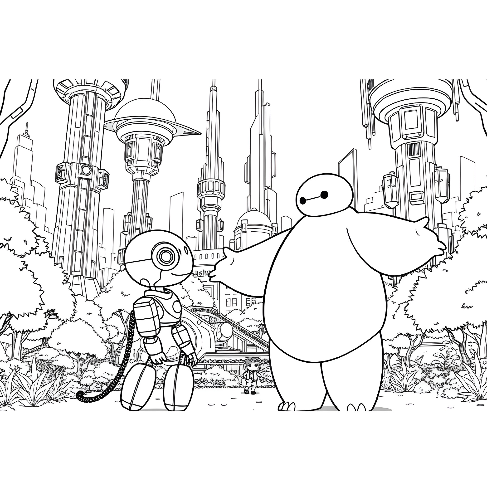 Robot Characters in Futuristic City Landscape Coloring Page (free black-and-white line drawing printable PDF for all, from beginners to advanced learners, including children, teens, adults, and seniors)
