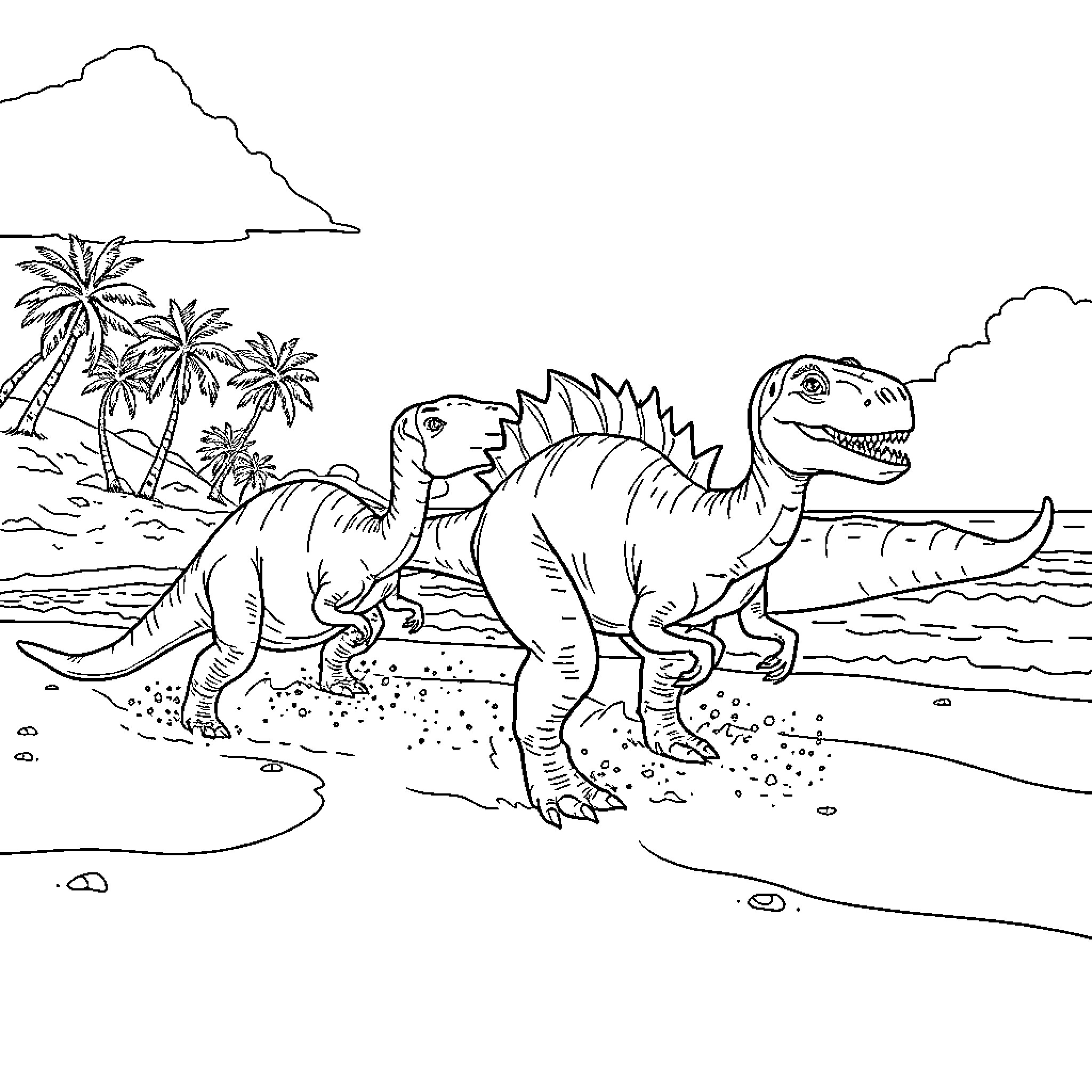 Dinosaurs exploring tropical beach scenery Coloring Page (free black-and-white line drawing printable PDF for all, from beginners to advanced learners, including children, teens, adults, and seniors)