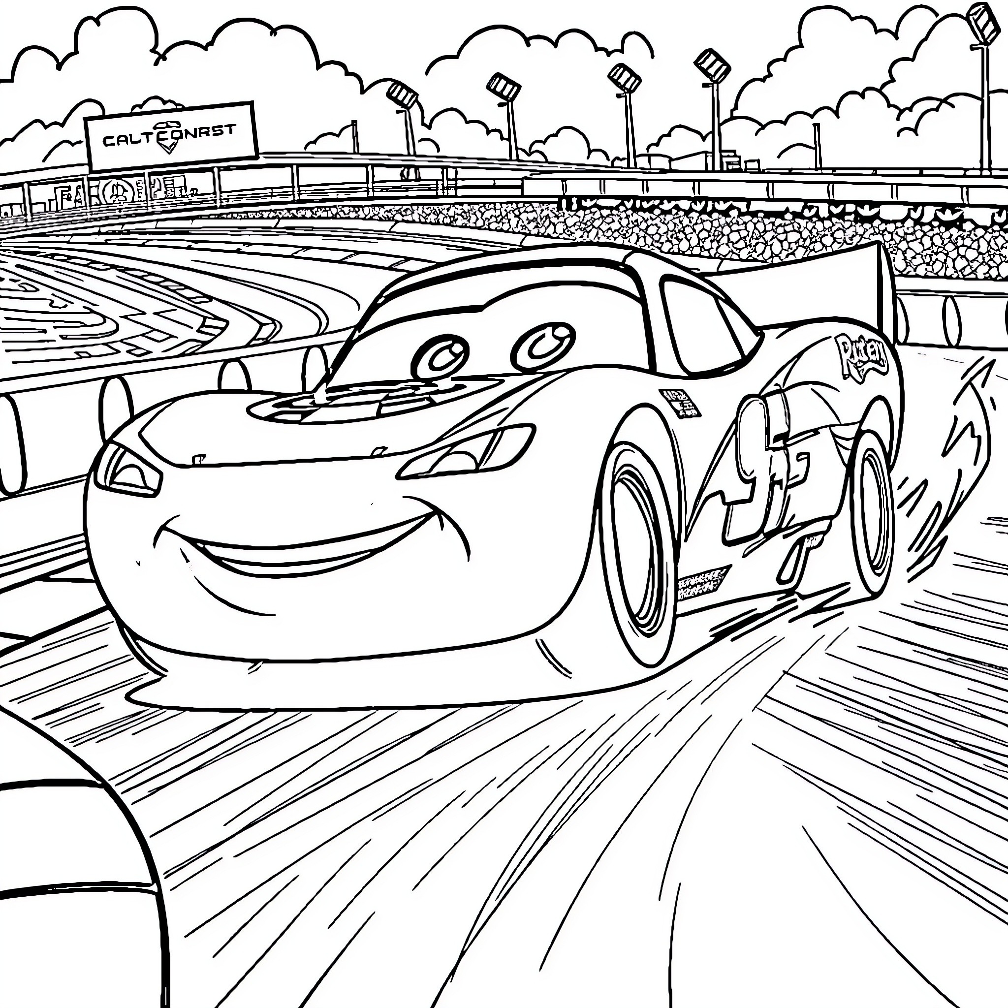 Lightning McQueen speeding on the racetrack Coloring Page (free black-and-white line drawing printable PDF for all, from beginners to advanced learners, including children, teens, adults, and seniors)