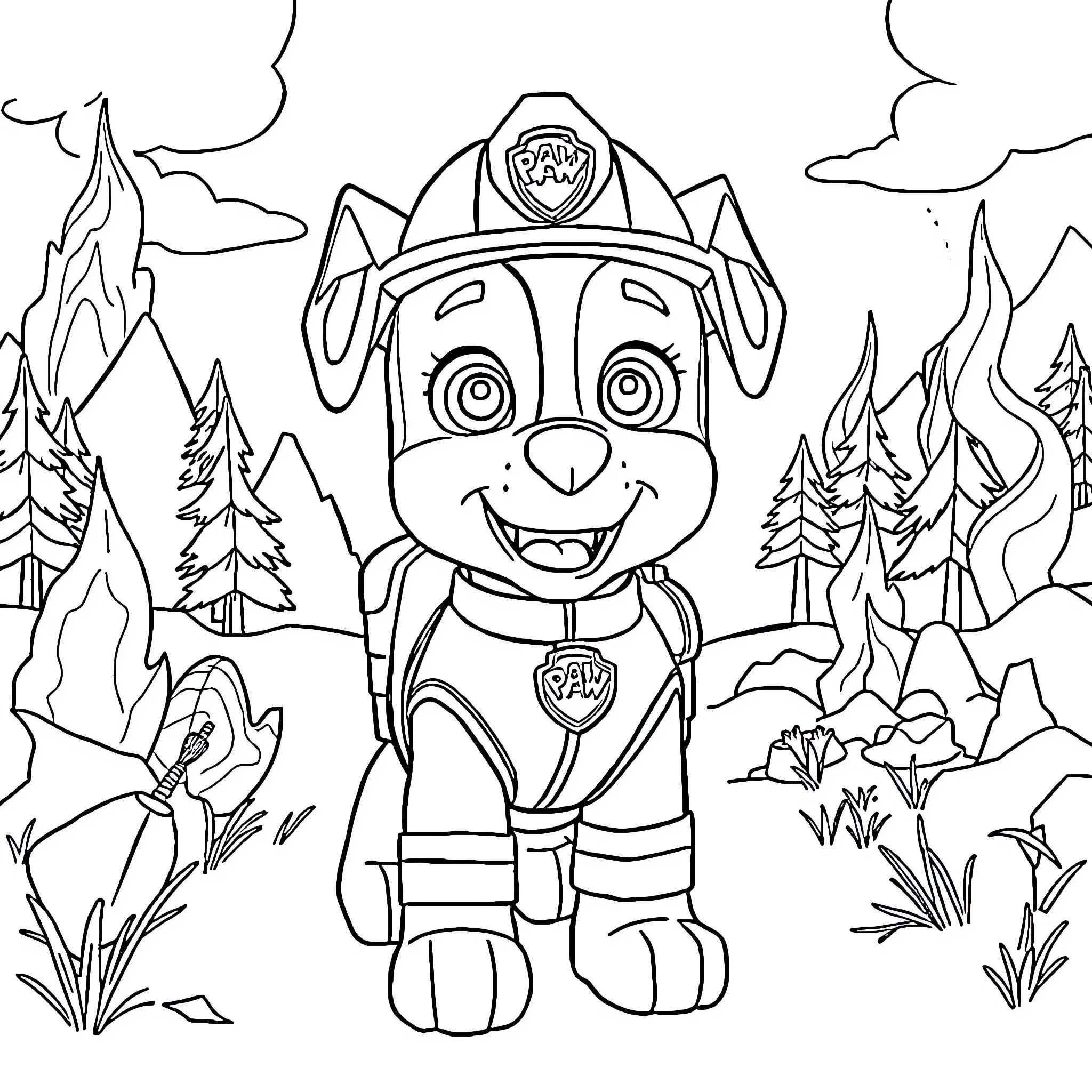 Marshall's Adventurous Expedition in the Mountains Coloring Page (free black-and-white line drawing printable PDF for all, from beginners to advanced learners, including children, teens, adults, and seniors)