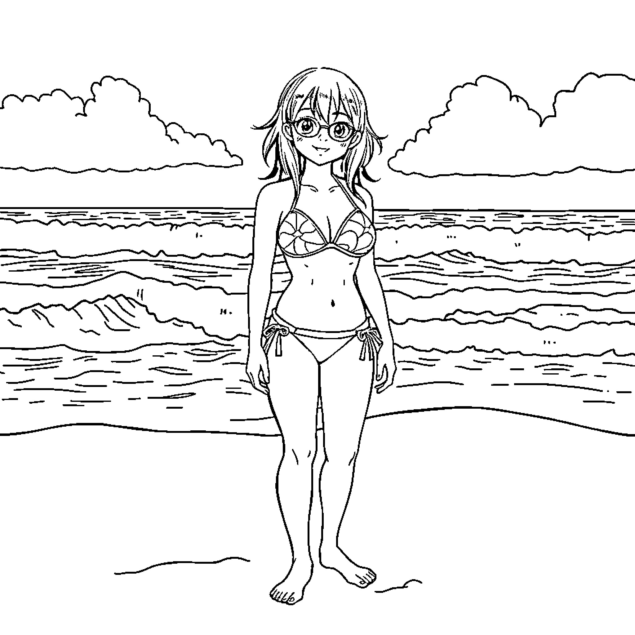 Mike Hatsune enjoying the beach in swimsuit Coloring Page (free black-and-white line drawing printable PDF for all, from beginners to advanced learners, including children, teens, adults, and seniors)