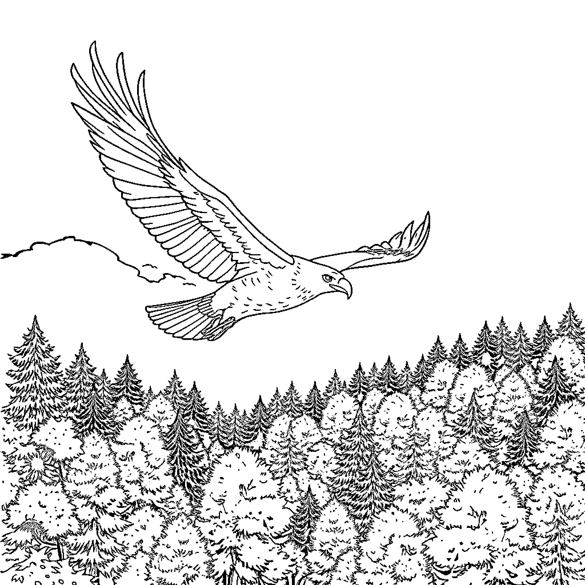 Eagle soaring majestically over forested landscape Coloring Page (free black-and-white line drawing printable PDF for all, from beginners to advanced learners, including children, teens, adults, and seniors)