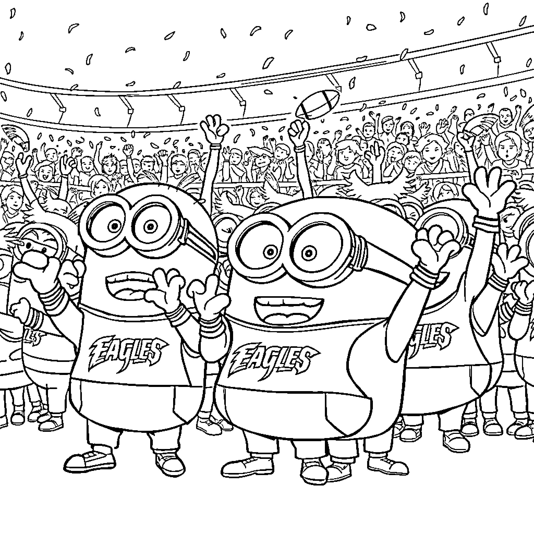 Minions celebrating at a sports event Coloring Page (free black-and-white line drawing printable PDF for all, from beginners to advanced learners, including children, teens, adults, and seniors)