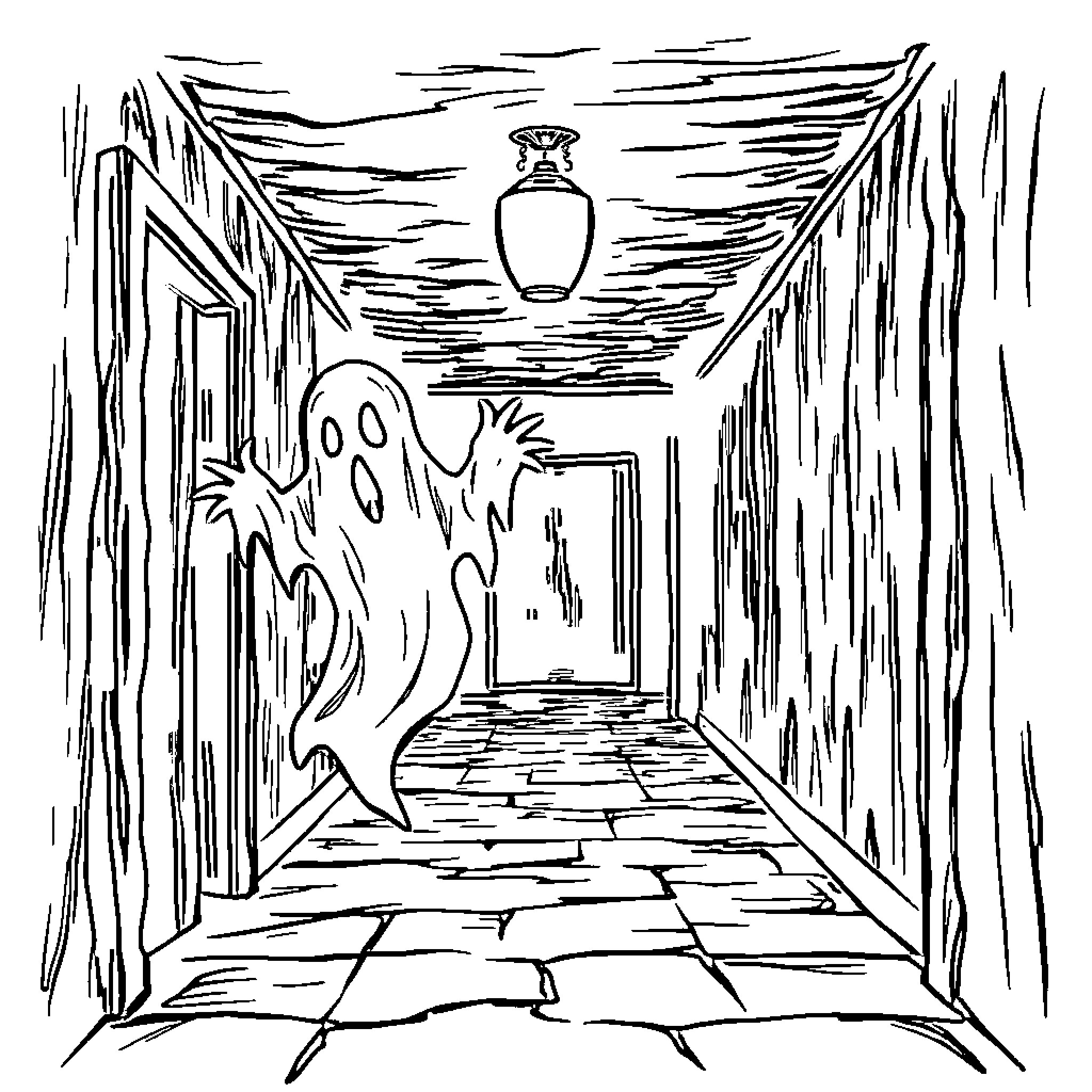 Ghost roaming the haunted hallway Coloring Page (free black-and-white line drawing printable PDF for all, from beginners to advanced learners, including children, teens, adults, and seniors)