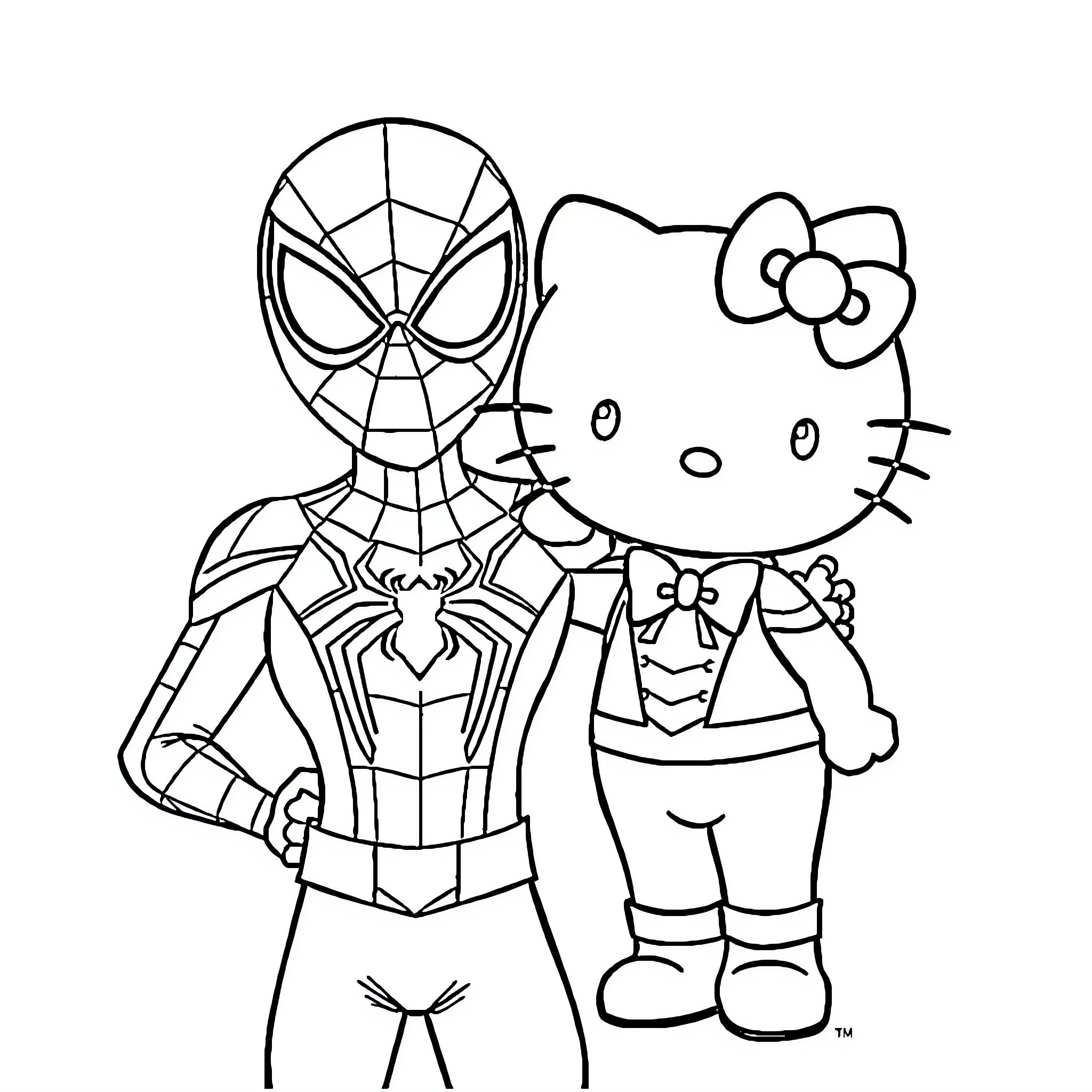 Hello Kitty meets Spider-Man in a playful encounter Coloring Page (free black-and-white line drawing printable PDF for all, from beginners to advanced learners, including children, teens, adults, and seniors)