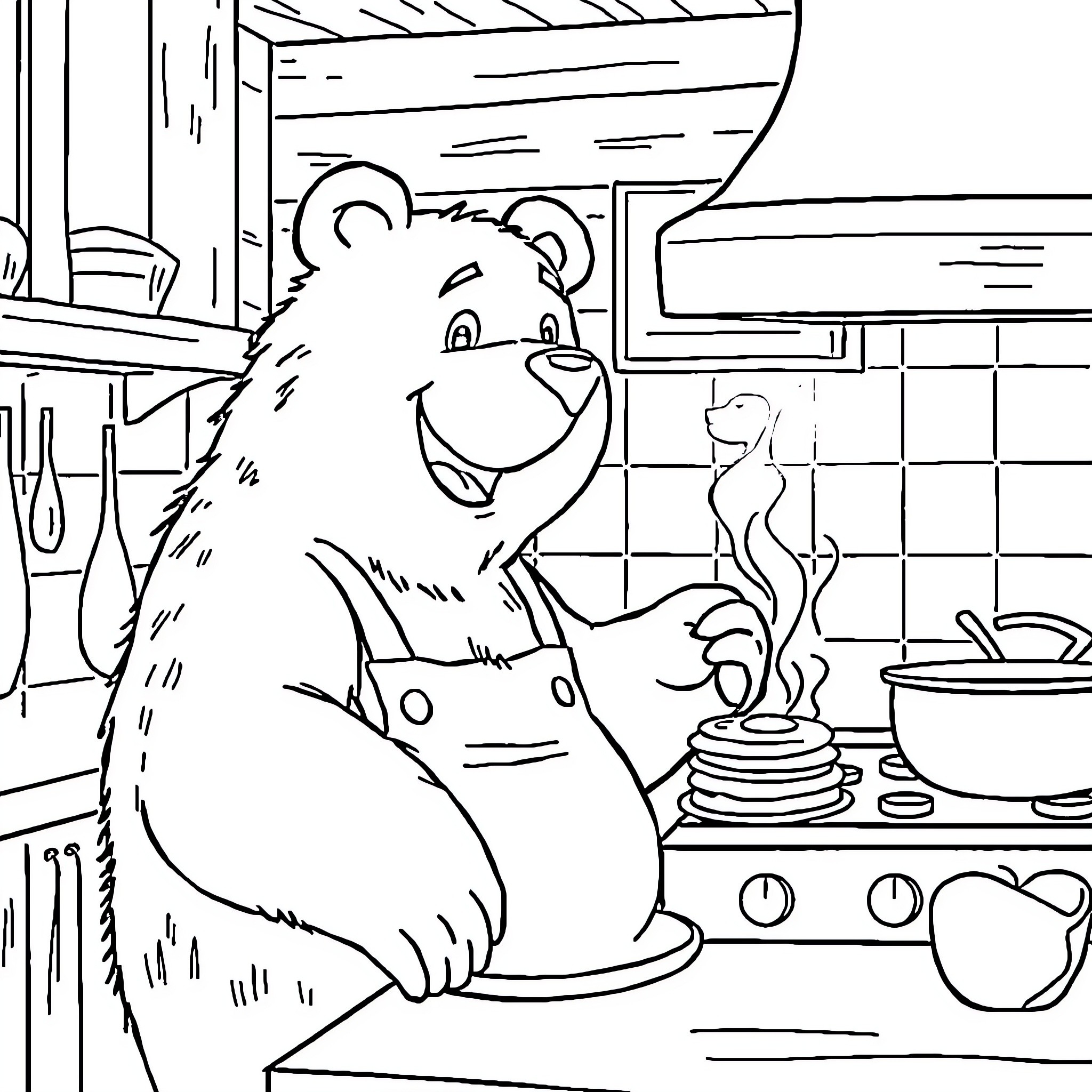 Bear cooking happily in the kitchen Coloring Page (free black-and-white line drawing printable PDF for all, from beginners to advanced learners, including children, teens, adults, and seniors)