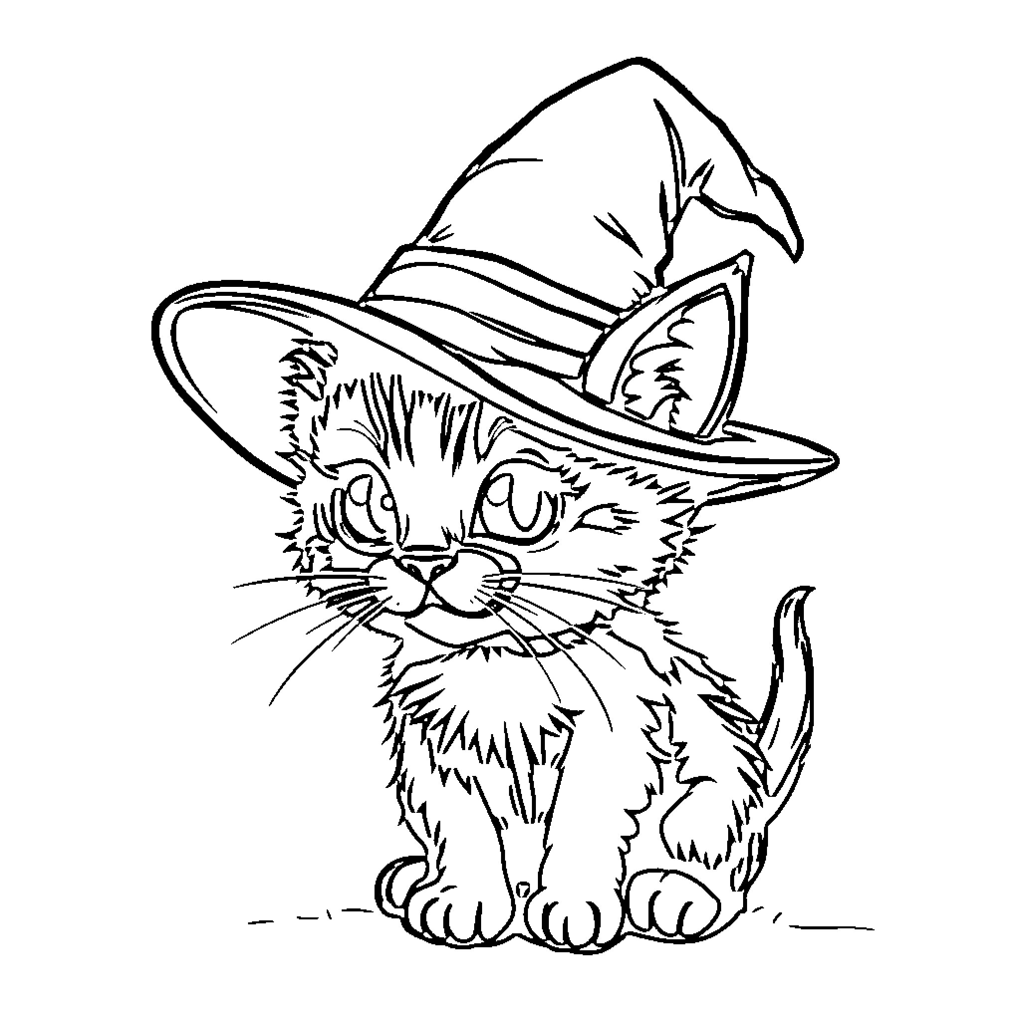Witch Cat looking mischievous in hat Coloring Page (free black-and-white line drawing printable PDF for all, from beginners to advanced learners, including children, teens, adults, and seniors)