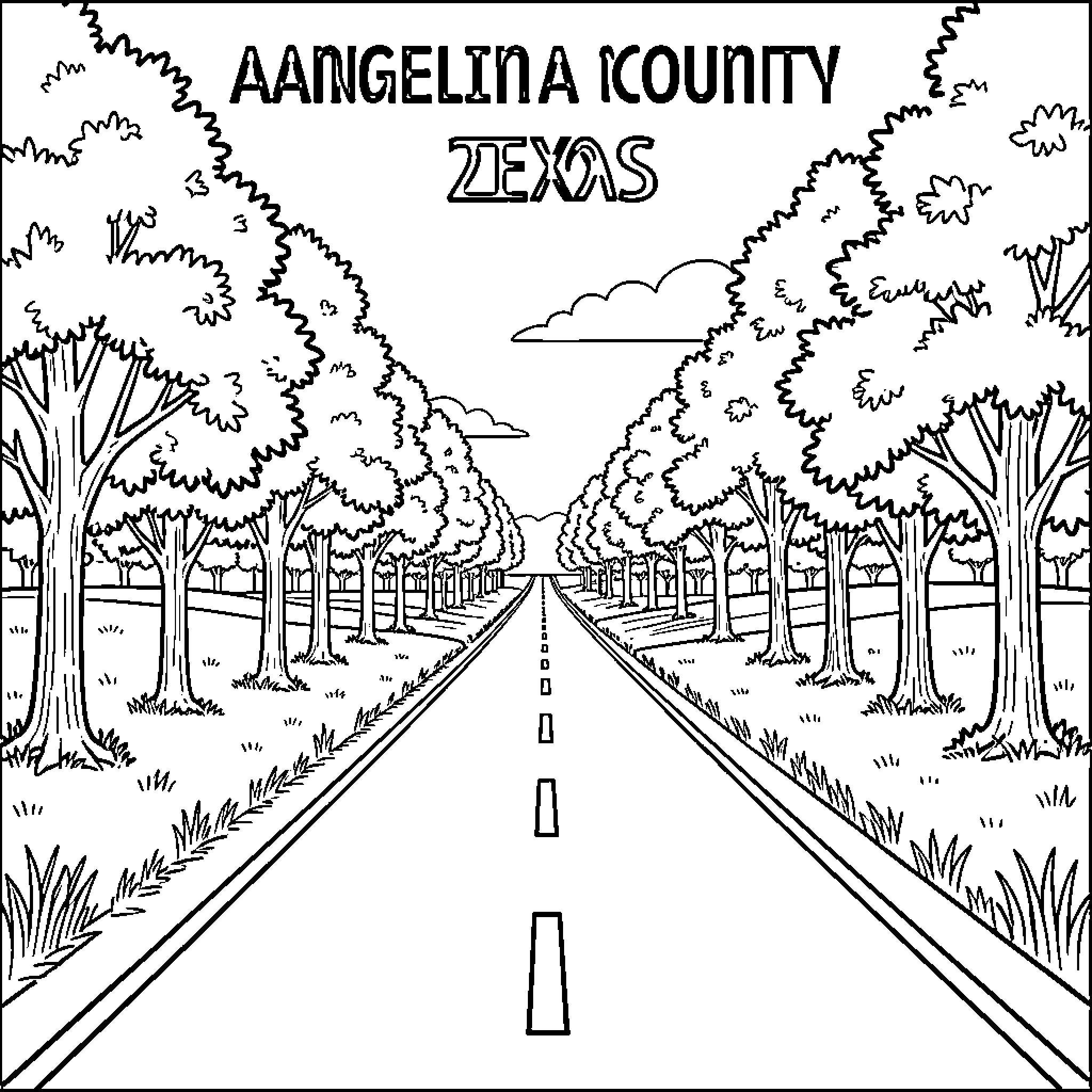America's Scenic Road through Lush Countryside Coloring Page (free black-and-white line drawing printable PDF for all, from beginners to advanced learners, including children, teens, adults, and seniors)