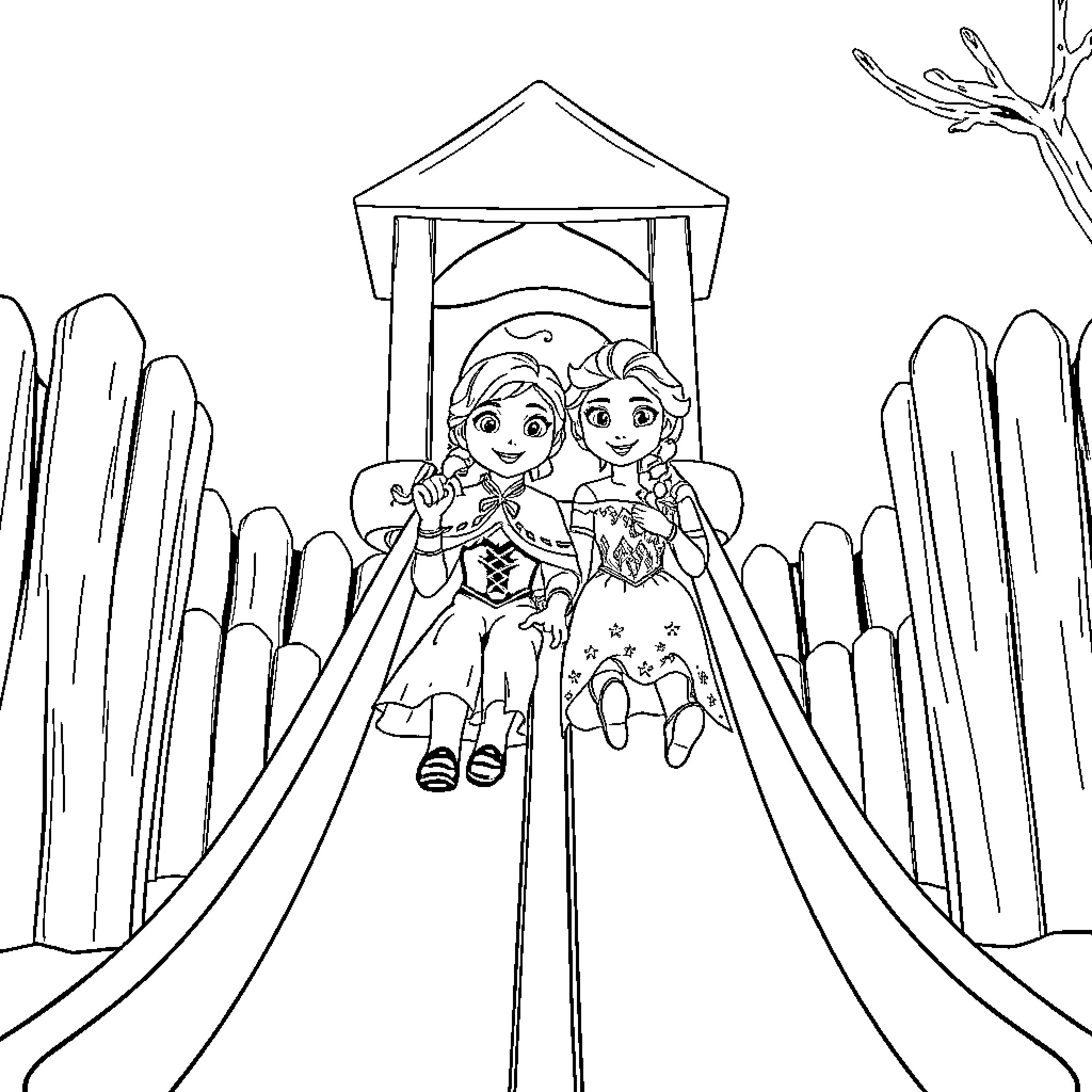 Anna and Elsa enjoying a stroll together Coloring Page (free black-and-white line drawing printable PDF for all, from beginners to advanced learners, including children, teens, adults, and seniors)