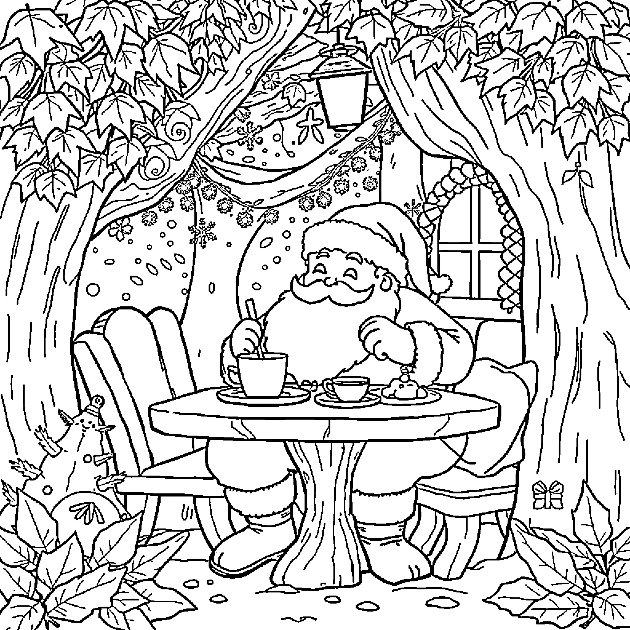 Santa enjoying a cozy winter drink in the forest Coloring Page (free black-and-white line drawing printable PDF for all, from beginners to advanced learners, including children, teens, adults, and seniors)