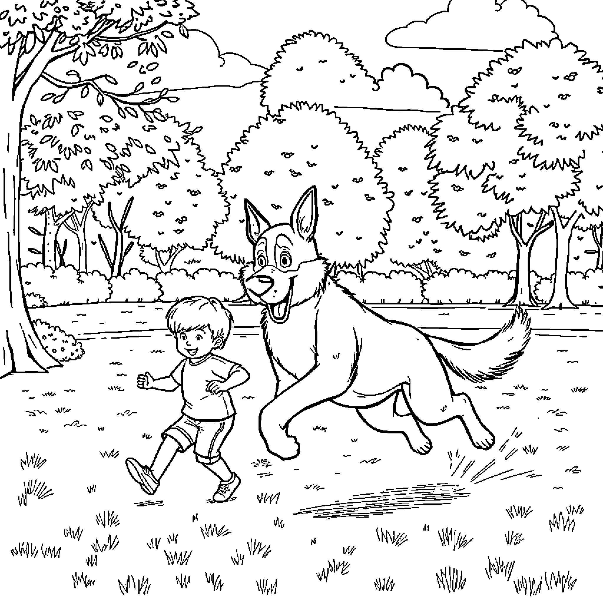Dog and boy playing together in the park Coloring Page (free black-and-white line drawing printable PDF for all, from beginners to advanced learners, including children, teens, adults, and seniors)