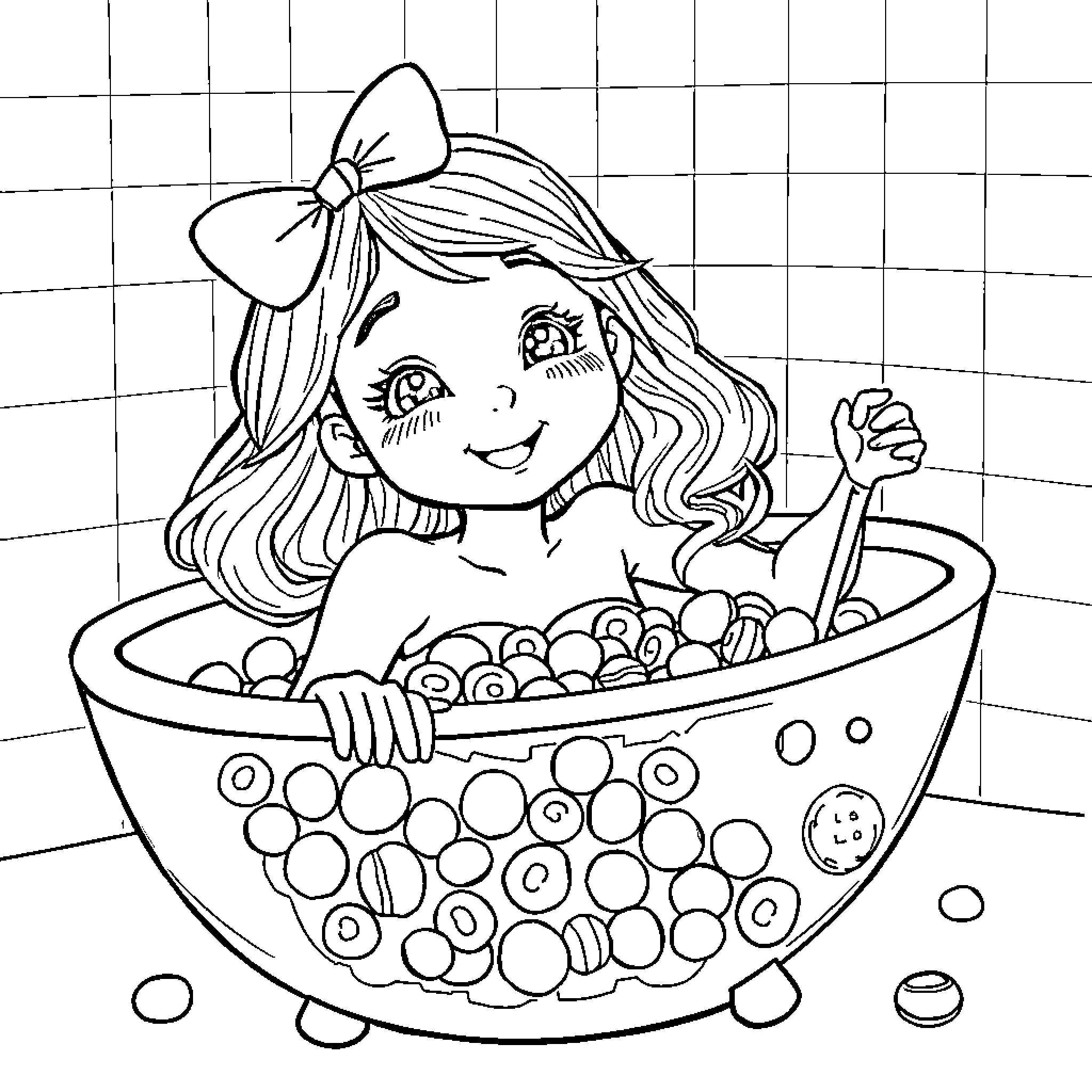 Girl playing happily in a bubble bath Coloring Page (free black-and-white line drawing printable PDF for all, from beginners to advanced learners, including children, teens, adults, and seniors)