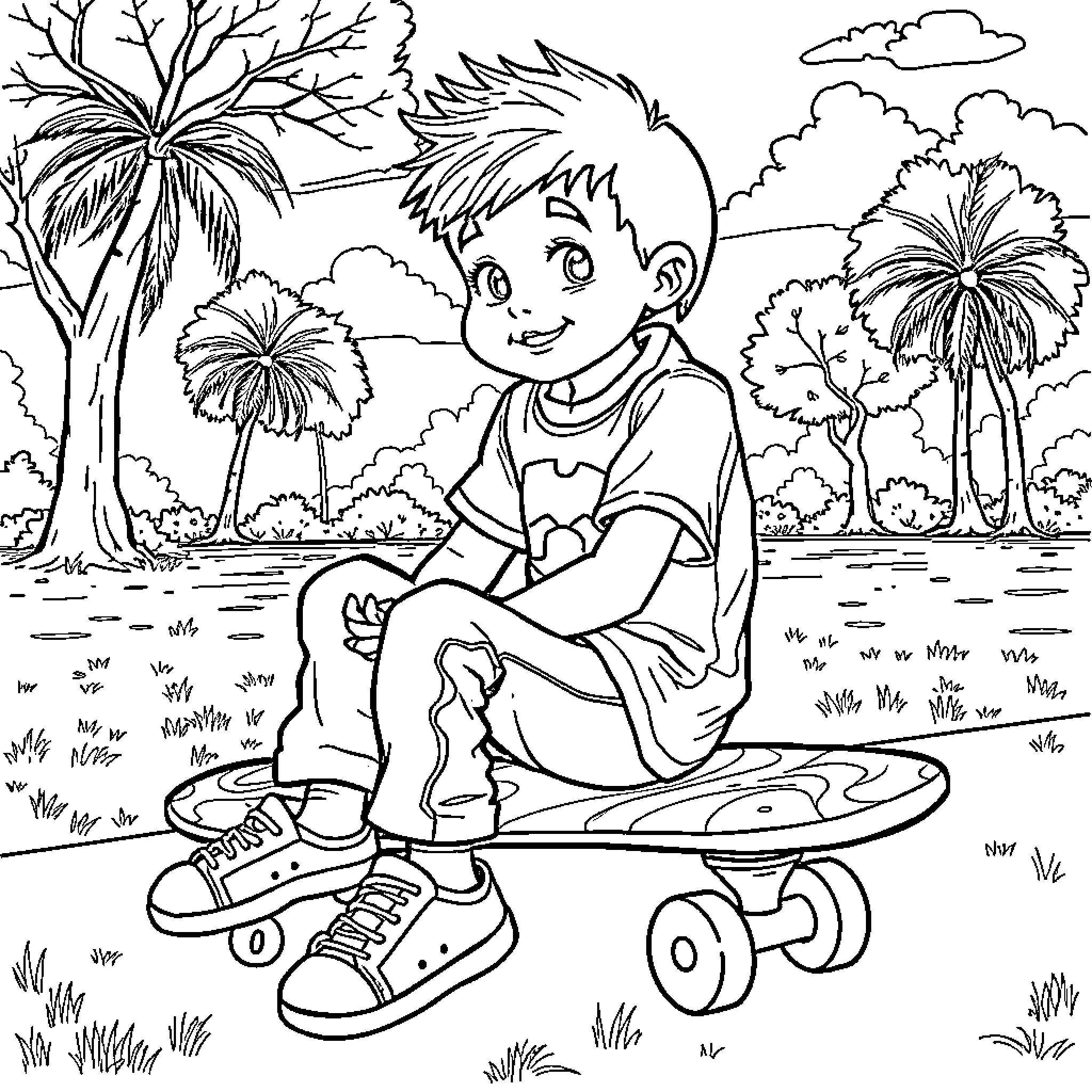 Kid la Caden enjoying skateboarding outdoors Coloring Page (free black-and-white line drawing printable PDF for all, from beginners to advanced learners, including children, teens, adults, and seniors)