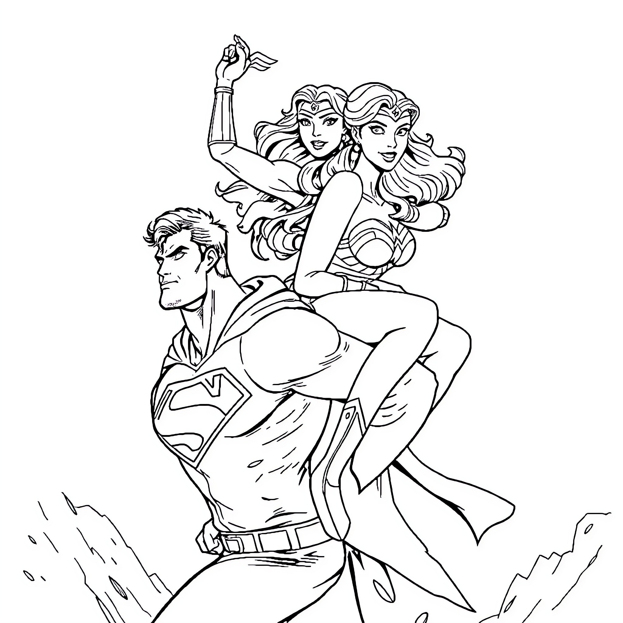 Wonder Woman and Superman heroic duo in action Coloring Page (free black-and-white line drawing printable PDF for all, from beginners to advanced learners, including children, teens, adults, and seniors)
