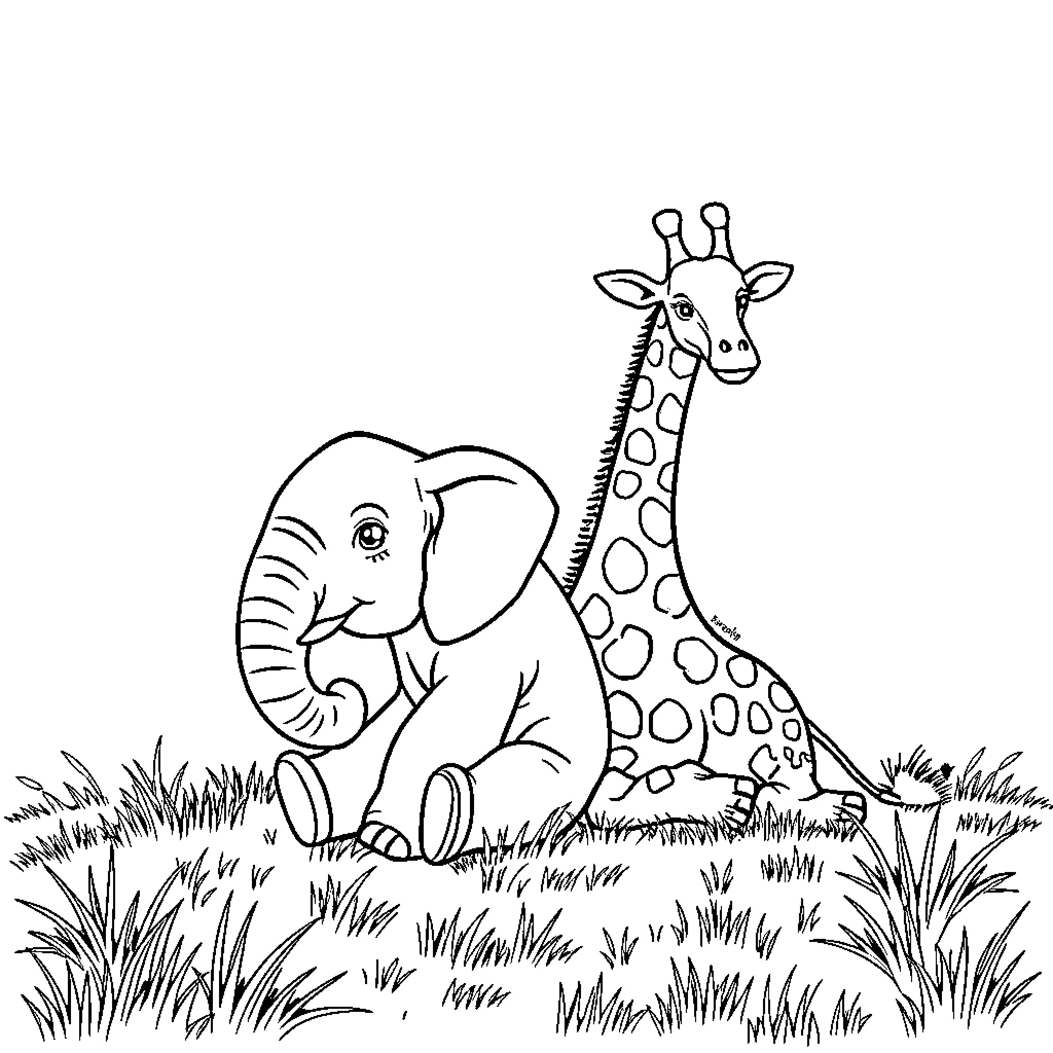 Elephant and Giraffe Playing in Grassy Field Coloring Page (free black-and-white line drawing printable PDF for all, from beginners to advanced learners, including children, teens, adults, and seniors)