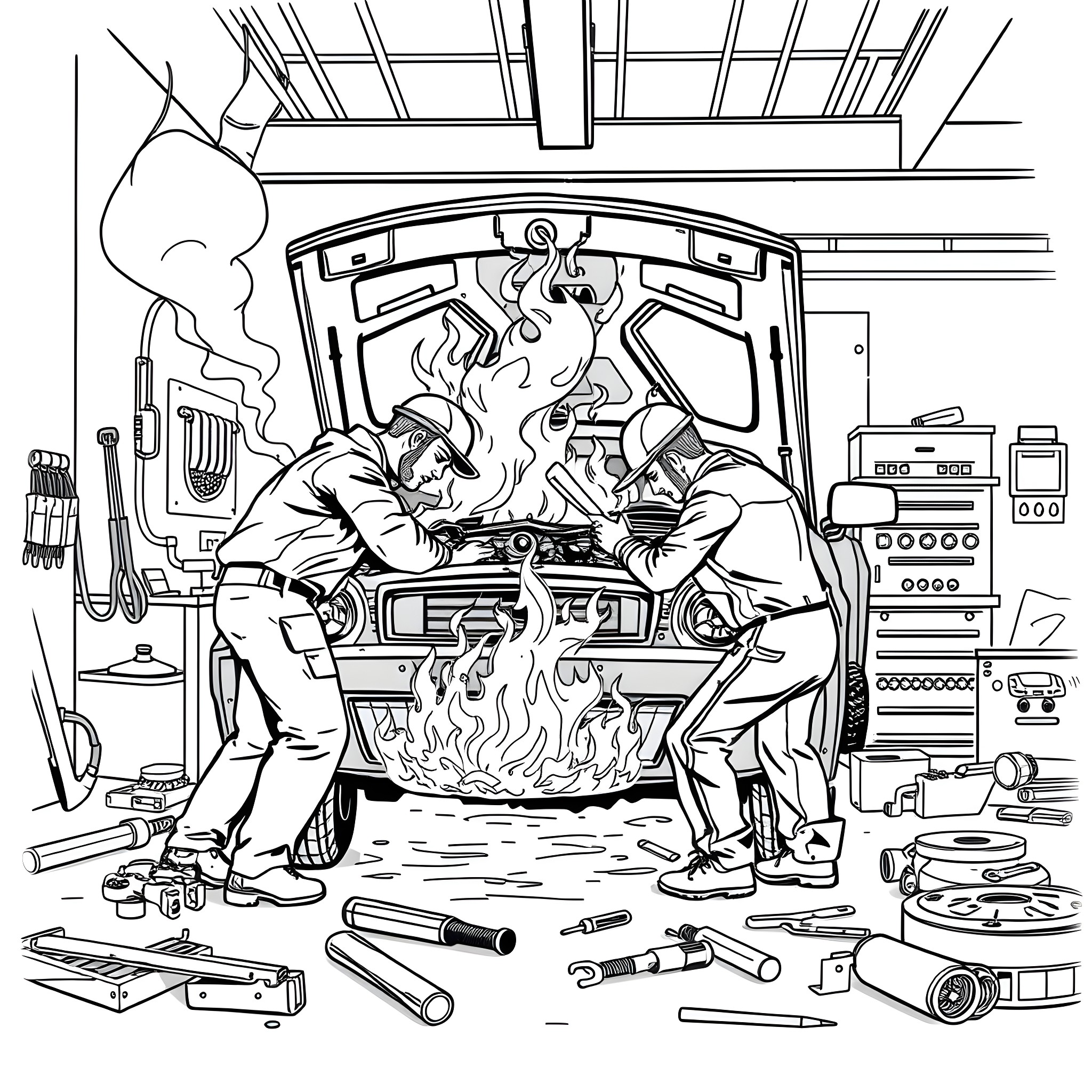 Mechanic repairing a malfunctioning vehicle Coloring Page (free black-and-white line drawing printable PDF for all, from beginners to advanced learners, including children, teens, adults, and seniors)