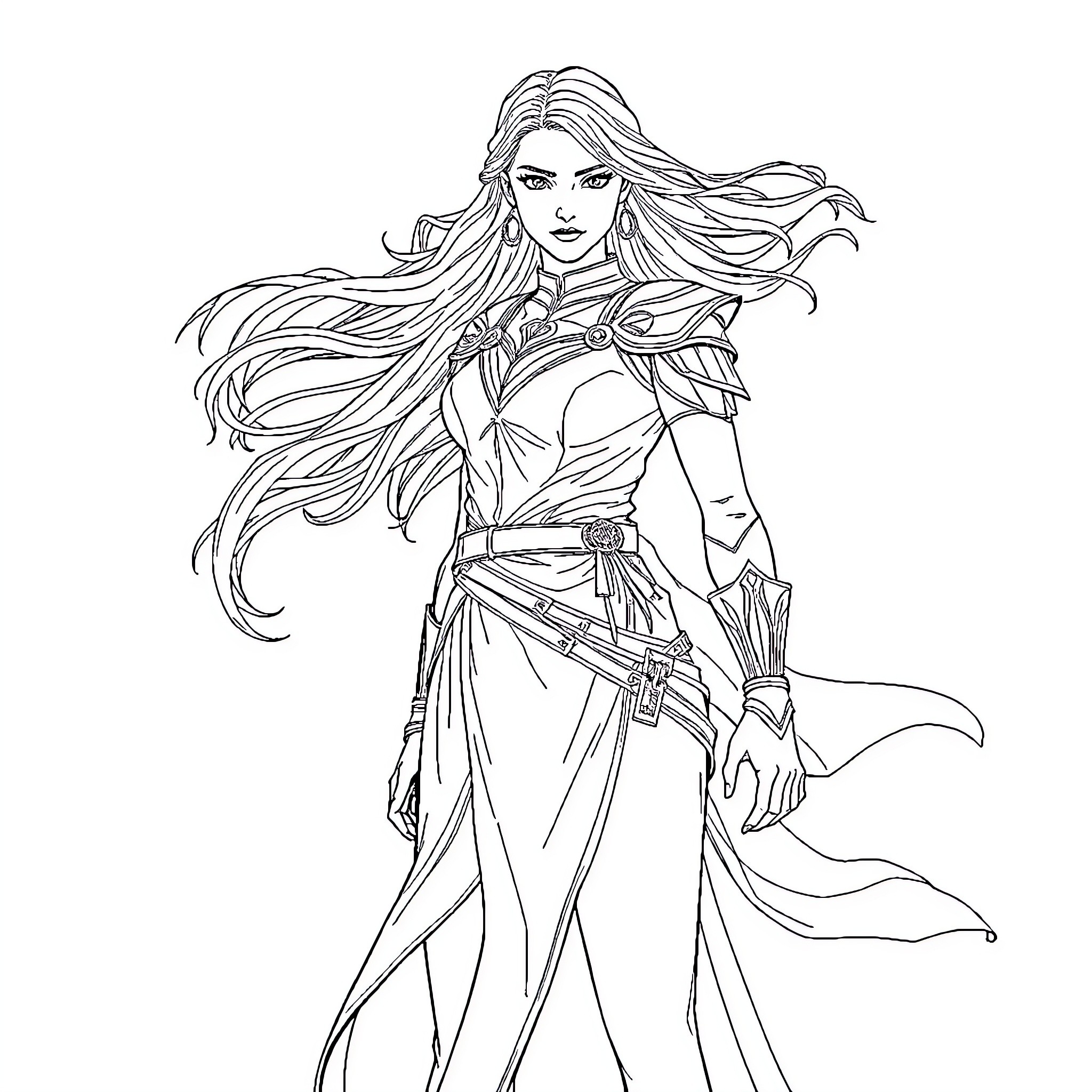 Aelin, the Fierce Warrior in Flowing Robes Coloring Page (free black-and-white line drawing printable PDF for all, from beginners to advanced learners, including children, teens, adults, and seniors)