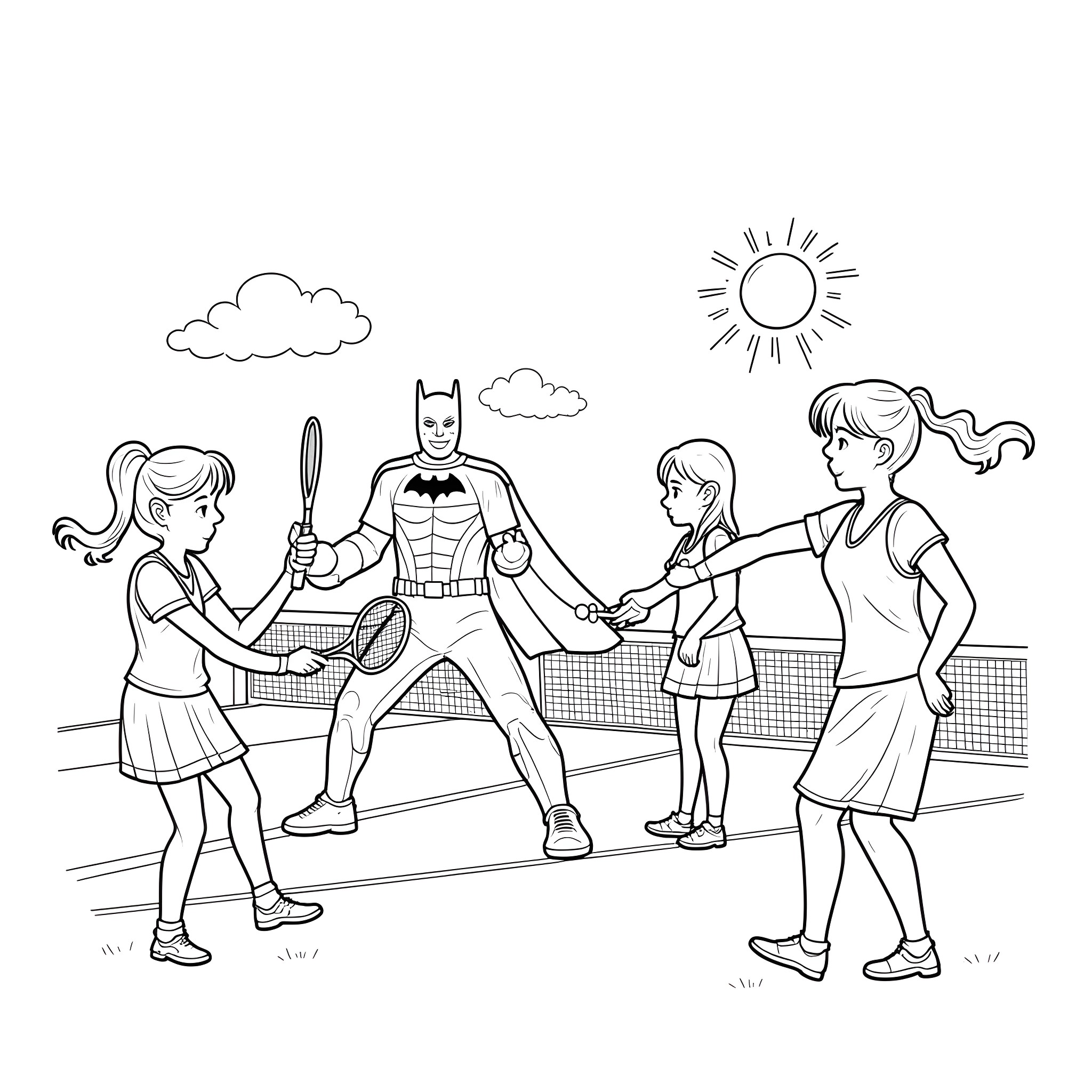 Girlguide Playing Tennis with Superheroes Coloring Page (free black-and-white line drawing printable PDF for all, from beginners to advanced learners, including children, teens, adults, and seniors)