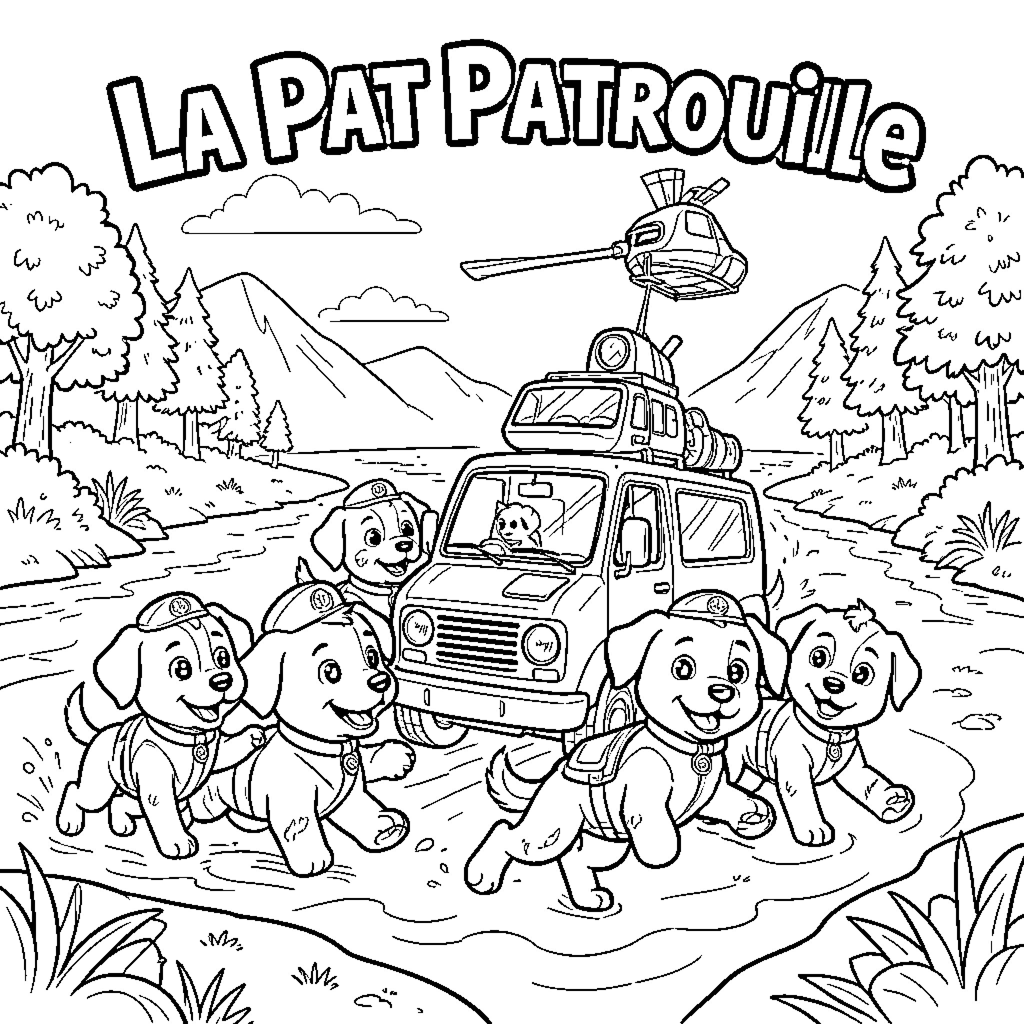 Paw Patrol pups playing excitedly in a nature setting Coloring Page (free black-and-white line drawing printable PDF for all, from beginners to advanced learners, including children, teens, adults, and seniors)