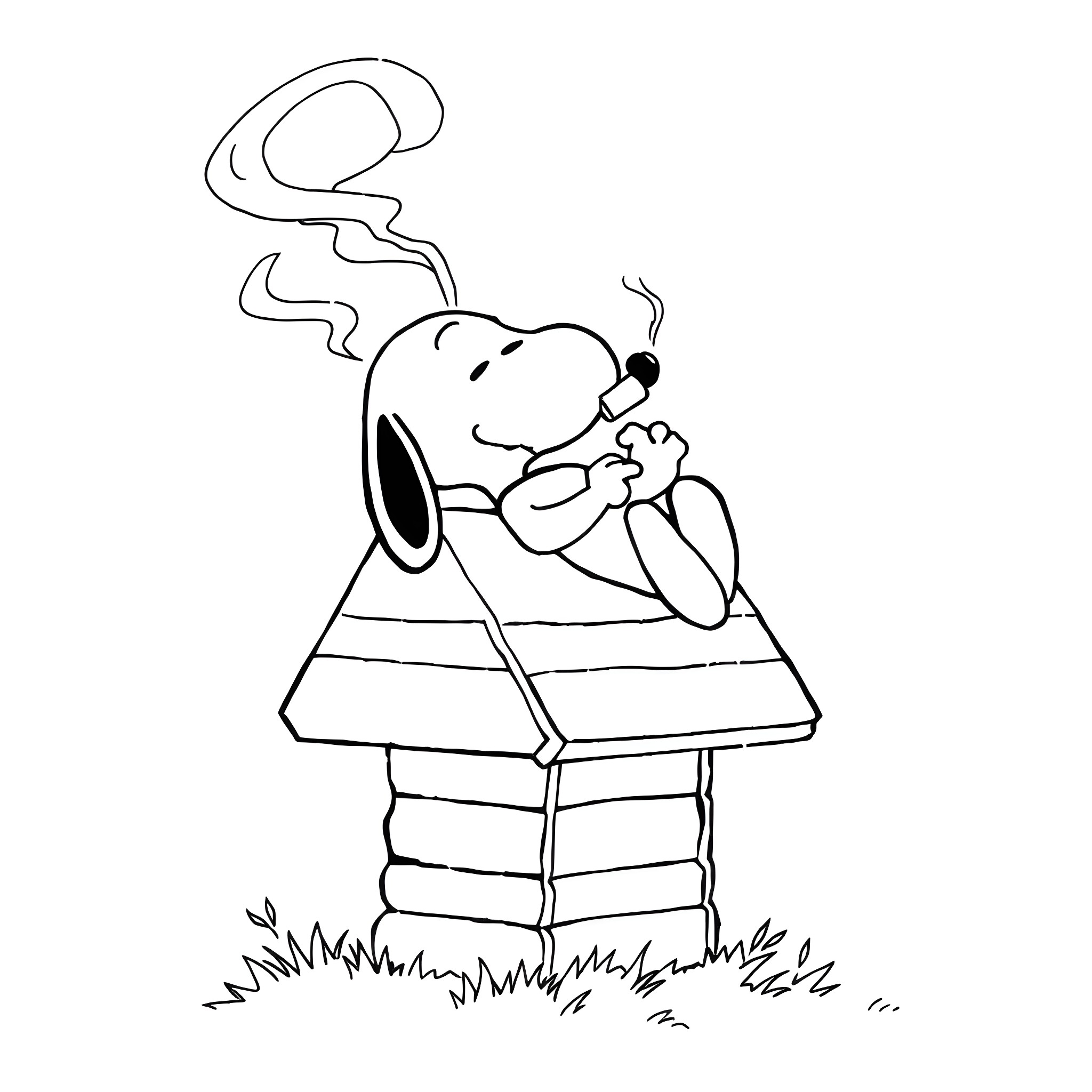 Snoopy relaxing on his doghouse Coloring Page (free black-and-white line drawing printable PDF for all, from beginners to advanced learners, including children, teens, adults, and seniors)