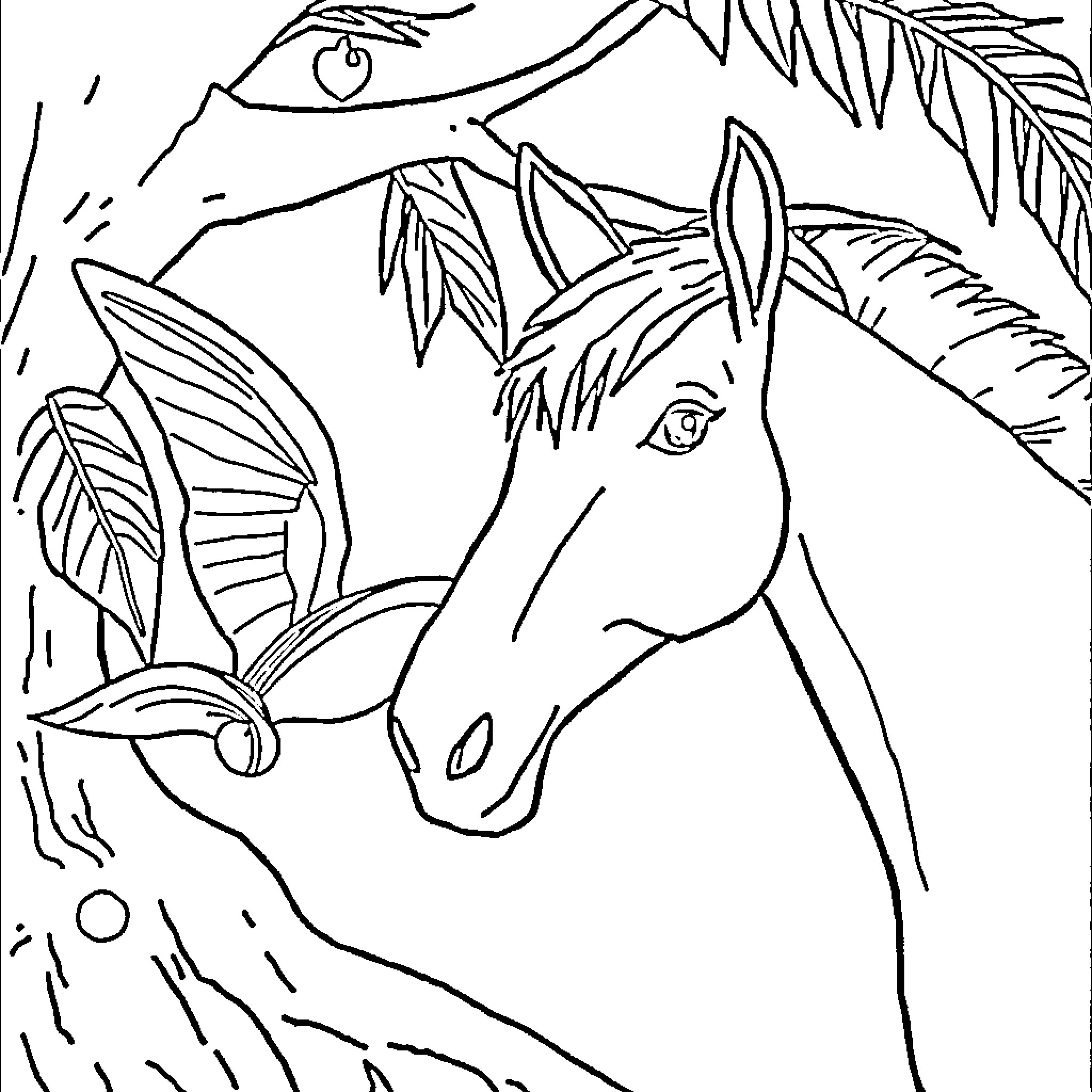 Cocowyo - Horses in the tropical forest Coloring Page (free black-and-white line drawing printable PDF for all, from beginners to advanced learners, including children, teens, adults, and seniors)