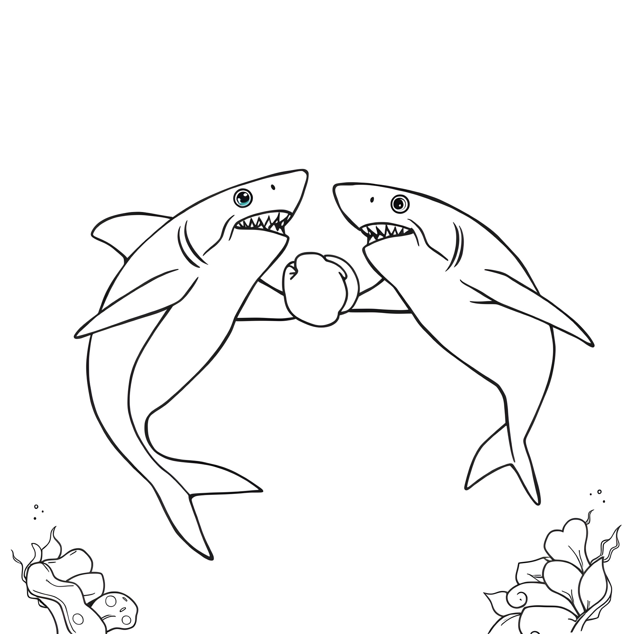 Sharks chasing a small fish Coloring Page (free black-and-white line drawing printable PDF for all, from beginners to advanced learners, including children, teens, adults, and seniors)