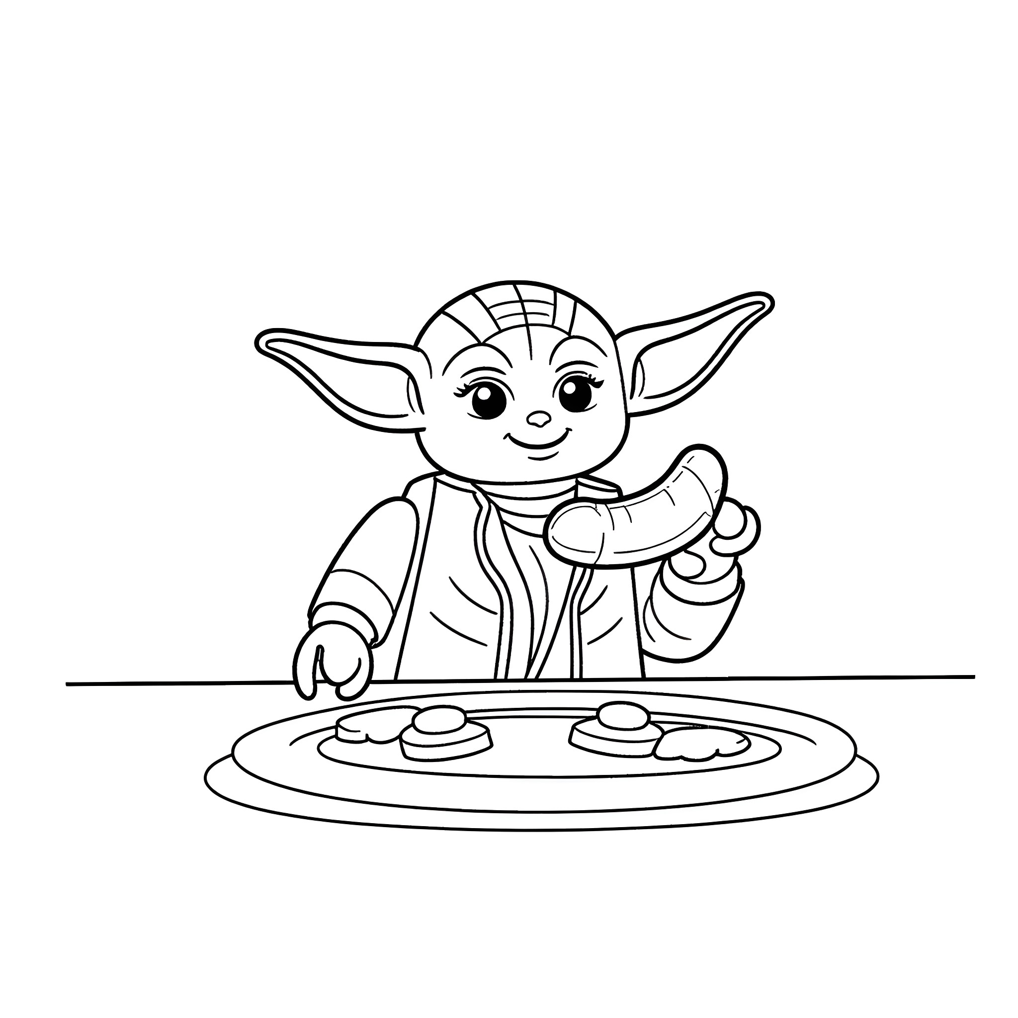 Yoda cooking and enjoying favorite dish Coloring Page (free black-and-white line drawing printable PDF for all, from beginners to advanced learners, including children, teens, adults, and seniors)