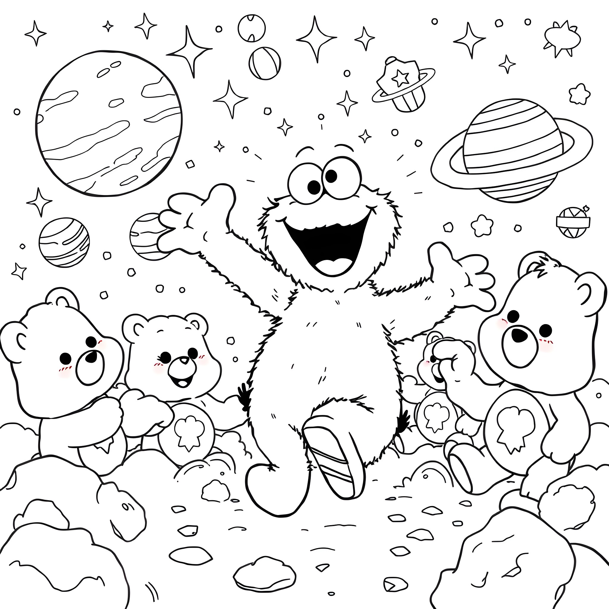 Cookie Monster playing with space friends in the galaxy Coloring Page (free black-and-white line drawing printable PDF for all, from beginners to advanced learners, including children, teens, adults, and seniors)