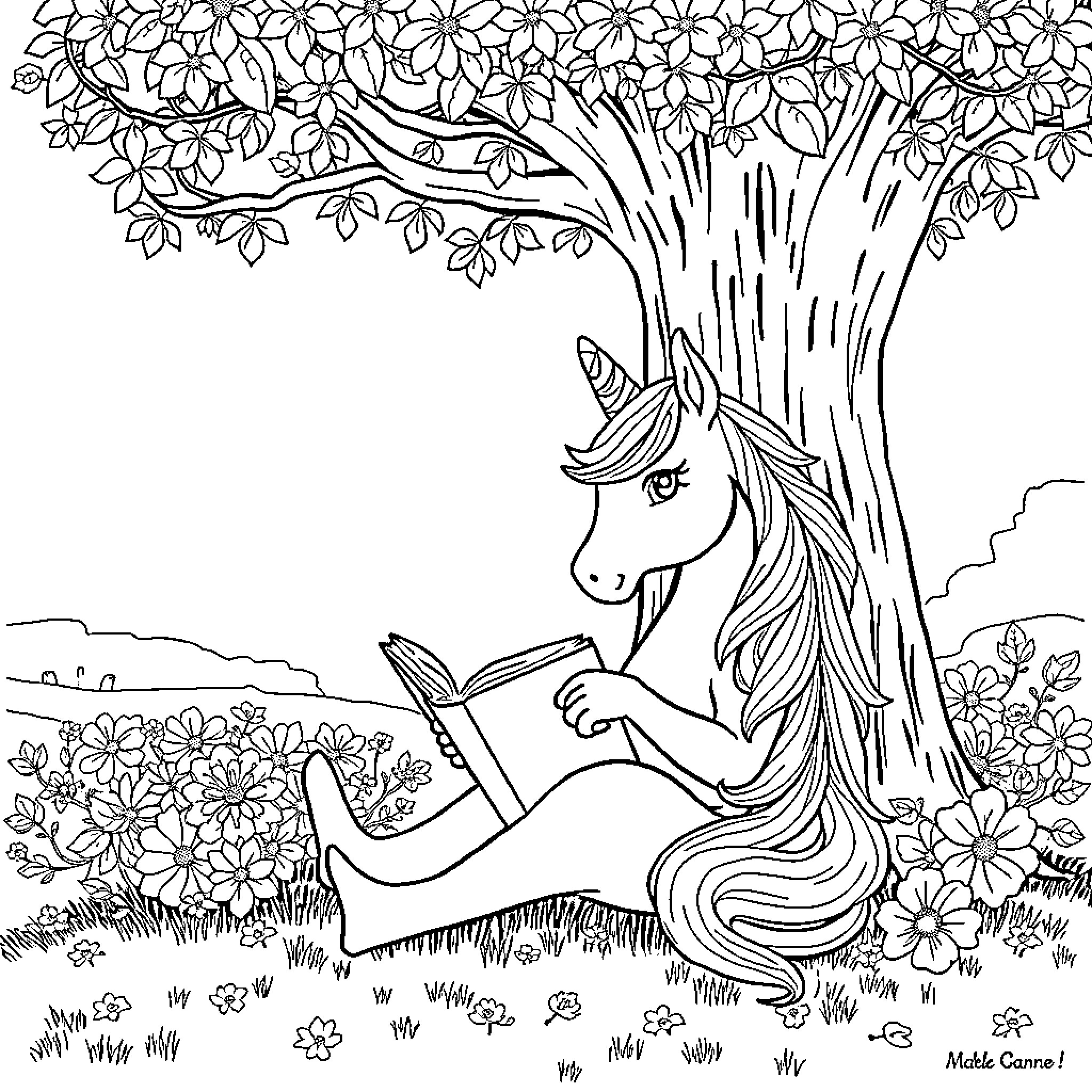 Icône d'une licorne lisant sous un arbre fleuri Coloring Page (free black-and-white line drawing printable PDF for all, from beginners to advanced learners, including children, teens, adults, and seniors)