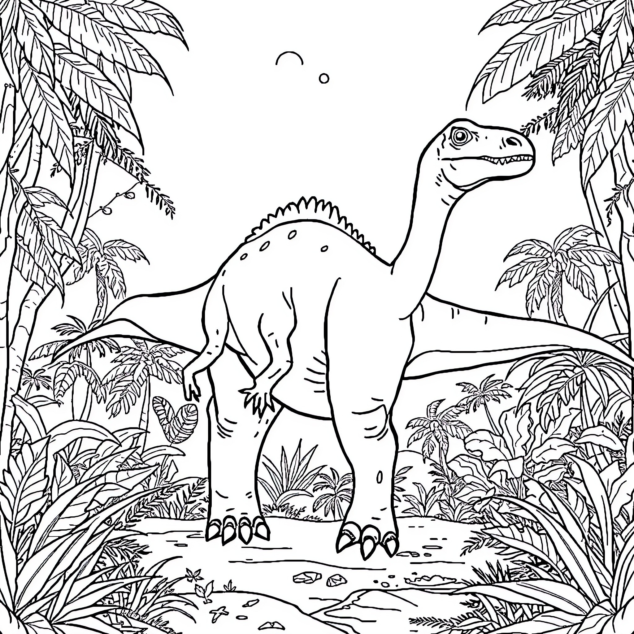 Dinosaur exploring lush tropical landscape Coloring Page (free black-and-white line drawing printable PDF for all, from beginners to advanced learners, including children, teens, adults, and seniors)