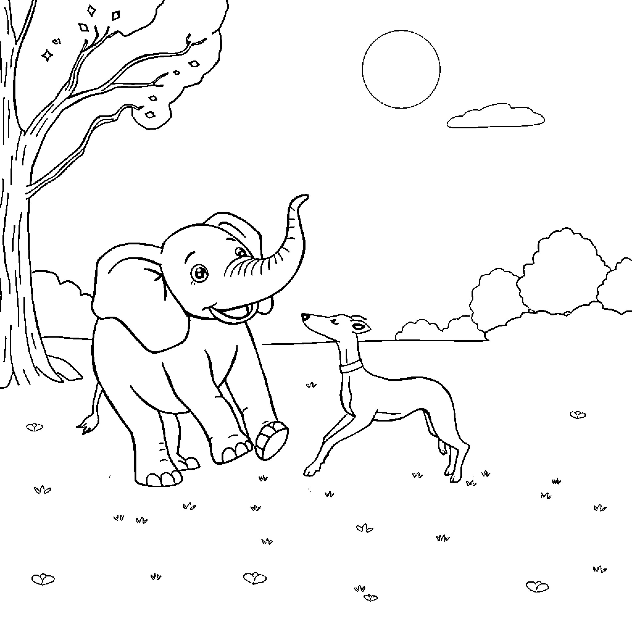 Elephant interacting with young deer in nature Coloring Page (free black-and-white line drawing printable PDF for all, from beginners to advanced learners, including children, teens, adults, and seniors)