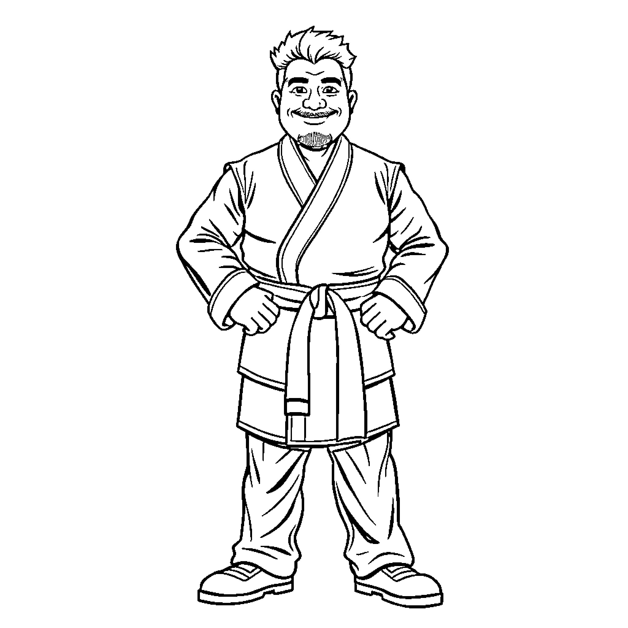 Grandmaster P in Martial Arts Uniform Coloring Page (free black-and-white line drawing printable PDF for all, from beginners to advanced learners, including children, teens, adults, and seniors)