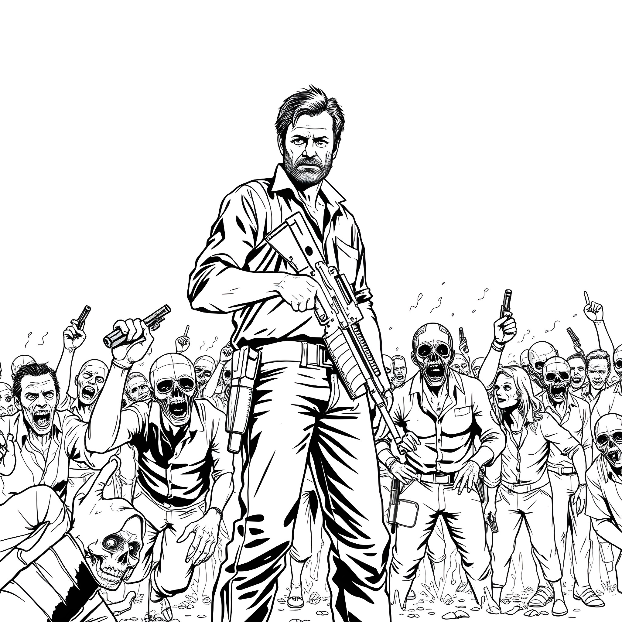 Rick Grimes leading a group of survivors through a zombie apocalypse Coloring Page (free black-and-white line drawing printable PDF for all, from beginners to advanced learners, including children, teens, adults, and seniors)